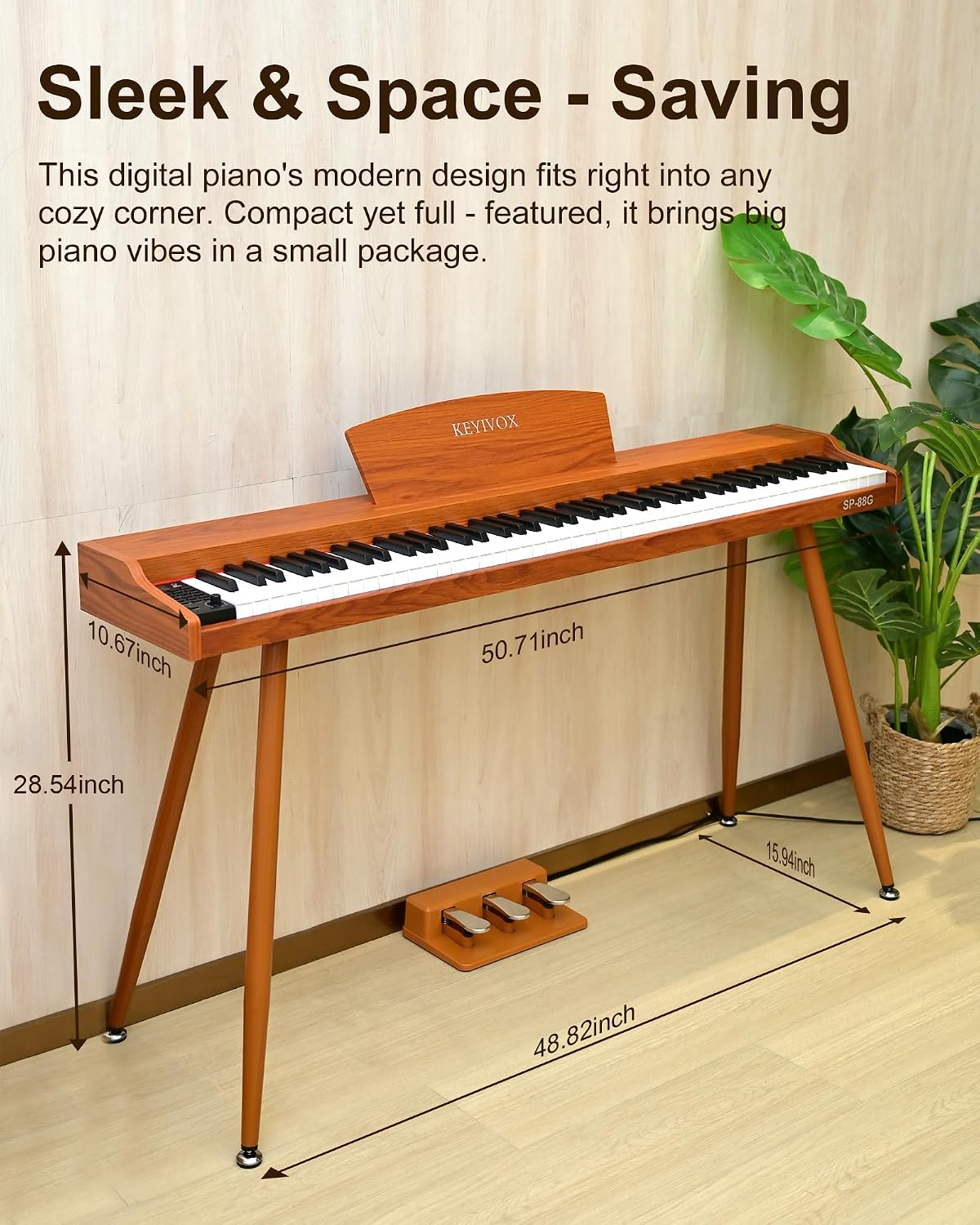 SP88G Digital Piano Keyboard with Stand & Triple Pedal, 88 key Semi Weighted Electric Piano for Beginners and Adults, 800 Tones, 600 Rhythms, 80 Demo Songs with Headphones, USB-MIDI