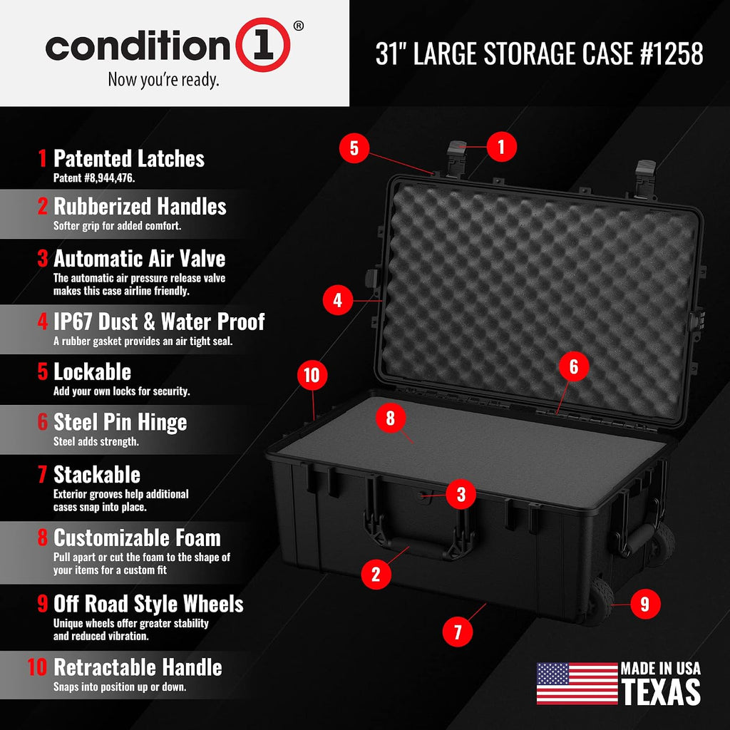 Condition 1 31' Large Waterproof Rolling Hard Travel Case Model 1258 with Wheels, Plastic Lockable, for Electronics, Tactical Gear, Made in USA, 31.6'x20.1'x12.66' Black