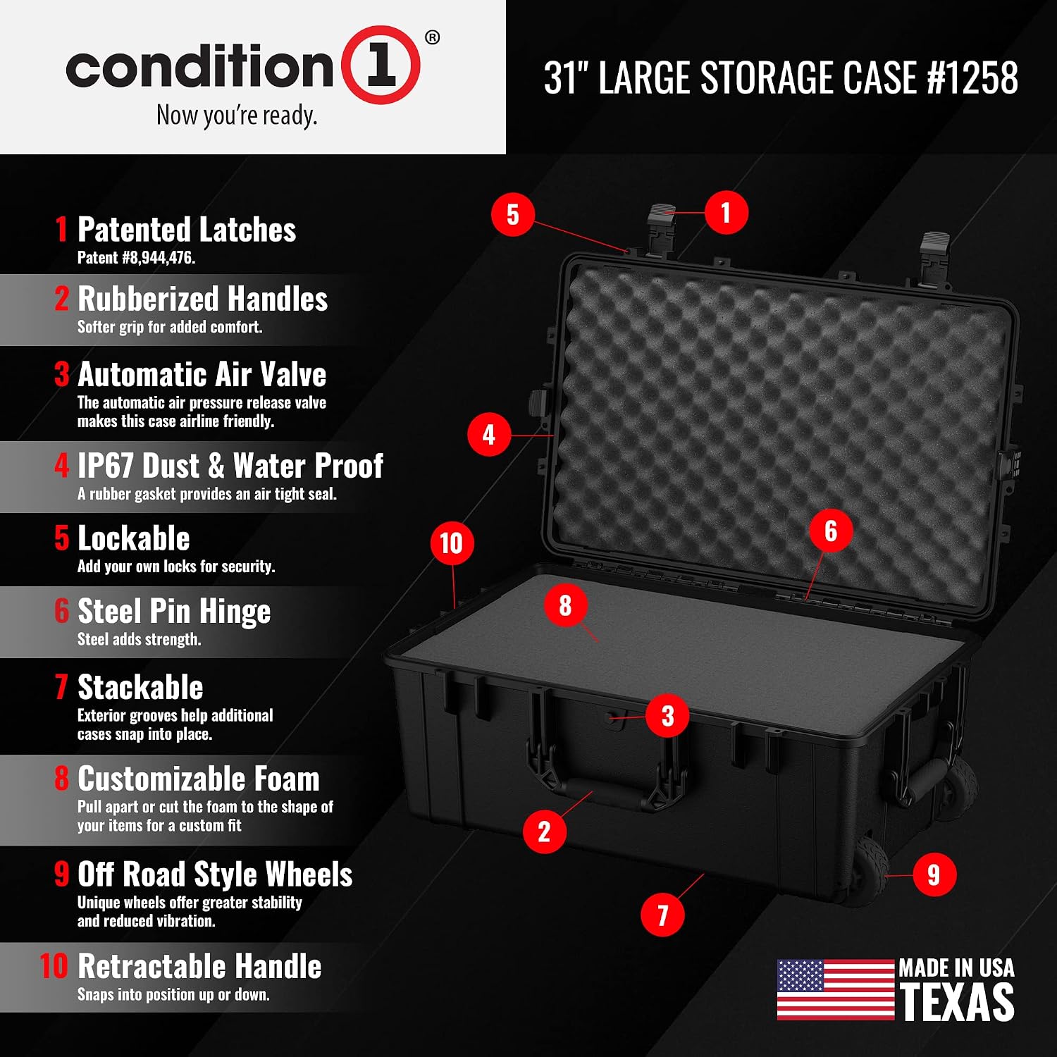 Condition 1 31' Large Waterproof Rolling Hard Travel Case Model 1258 with Wheels, Plastic Lockable, for Electronics, Tactical Gear, Made in USA, 31.6'x20.1'x12.66' Black