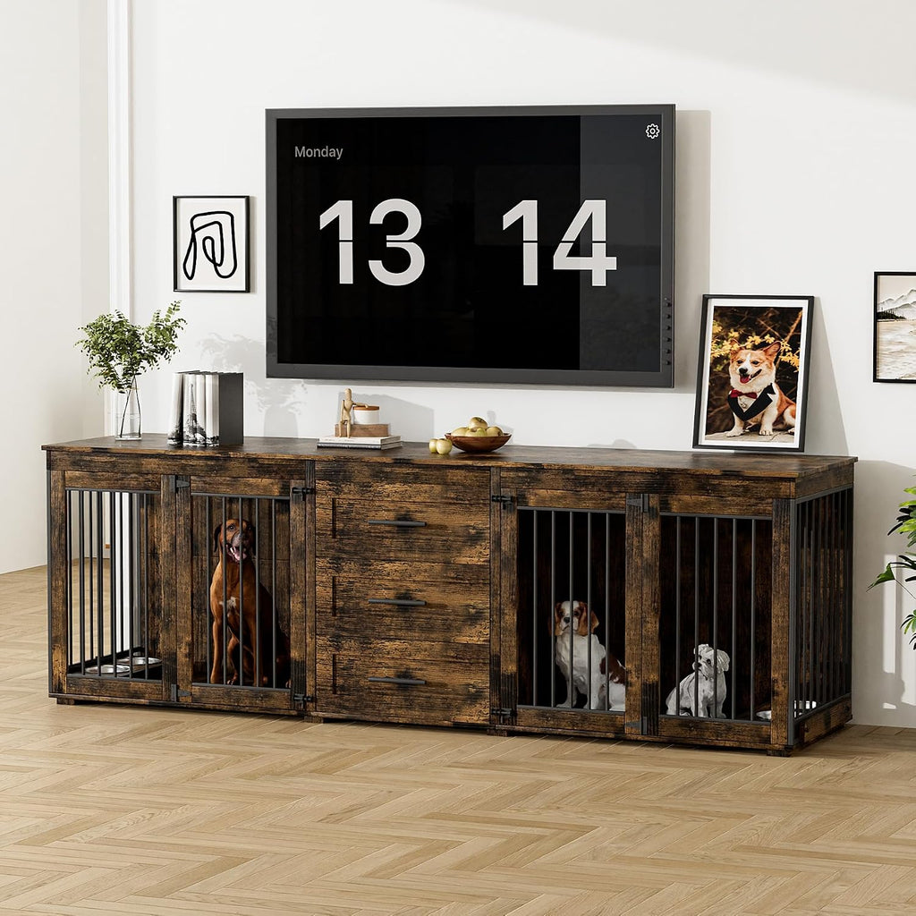 Rophefx 94.5' Dog Crate Furniture for 2 Dogs, Large Dog Kennel Furniture with 3 Storage Drawer, Wooden Dog Cage with 4 Bowls, Indoor Dog House TV Stand with Locks for Large Medium Dog, Rustic Brown
