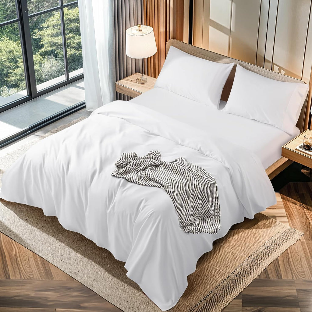 LBRO2M 100% Cotton 1200 Thread Count Full Size Sheets Set,16 inches Deep Pocket,Bed Sheet 4 Piece Sets(White, Full)