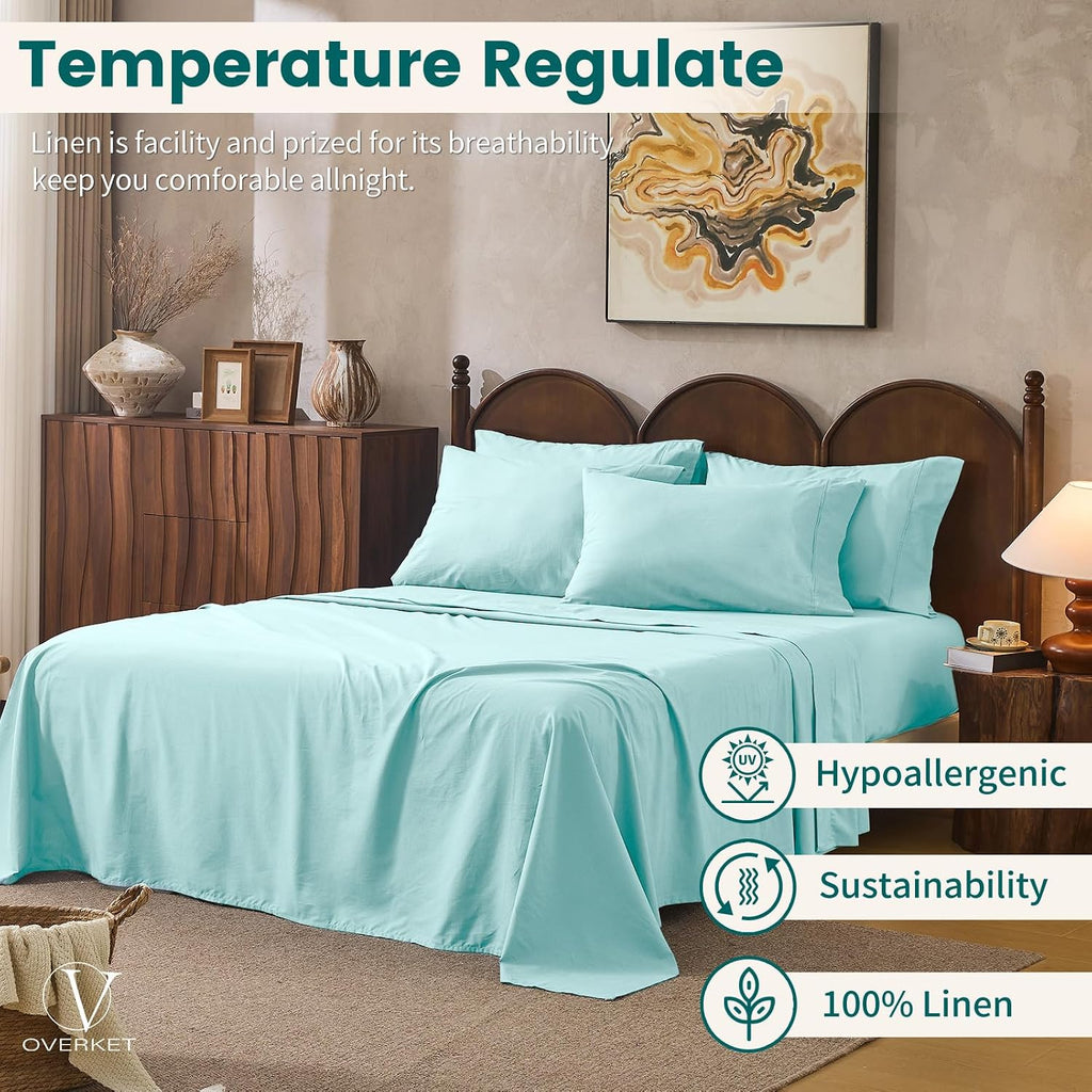 100% Linen Sheets Queen Size,Breathable & Durable 4-Piece Bed Flax Sheet Set,Soft All-Season Bedding for Hot Sleepers 16' Deep Pocket Oeko-TEX Certified,（Queen, Light Blue）