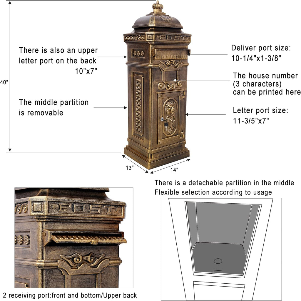 Copper Mailbox, Large Lockable Package Drop Box with Roman Statue, Rustproof Cast Aluminum Mail Boxes for Outside, Vintage Post-Mount Design, Weatherproof & Elegant Garden Letter Box (Copper)