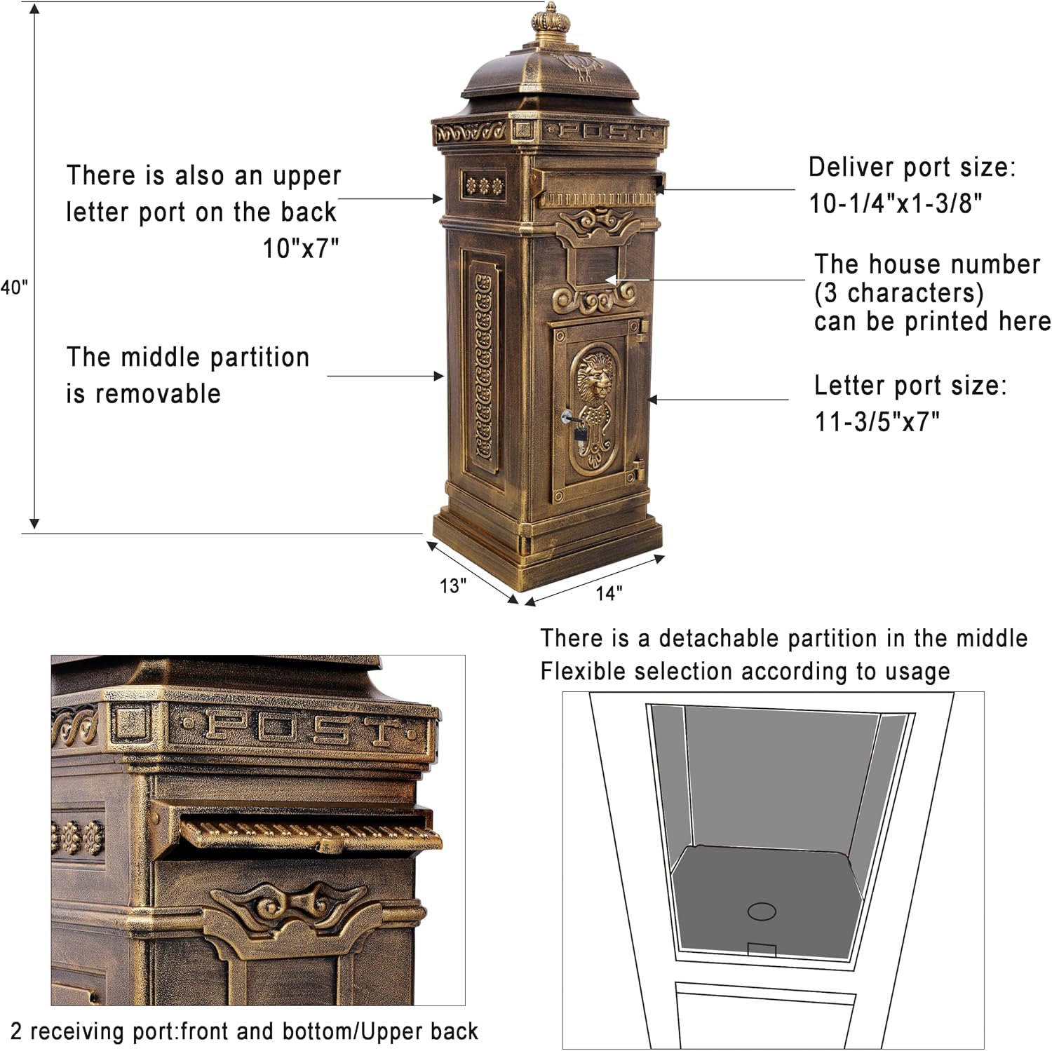 Copper Mailbox, Large Lockable Package Drop Box with Roman Statue, Rustproof Cast Aluminum Mail Boxes for Outside, Vintage Post-Mount Design, Weatherproof & Elegant Garden Letter Box (Copper)