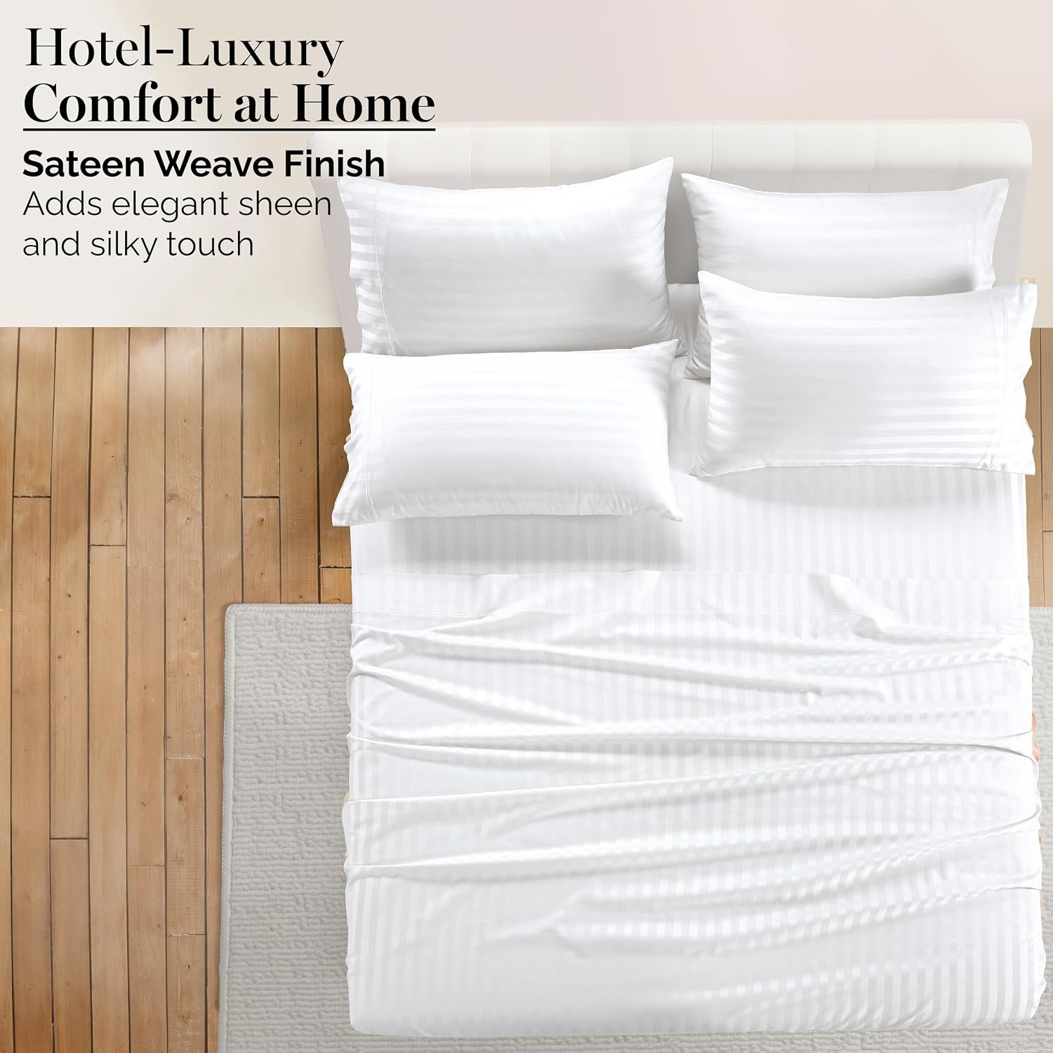 Casa Platino 100% Egyptian Cotton Sheets California King Size Set - 6 Pieces - Damask Stripe- Smooth Sateen Weave Bed Sheets, 15' Deep Pocket - Pure White Sheet Set