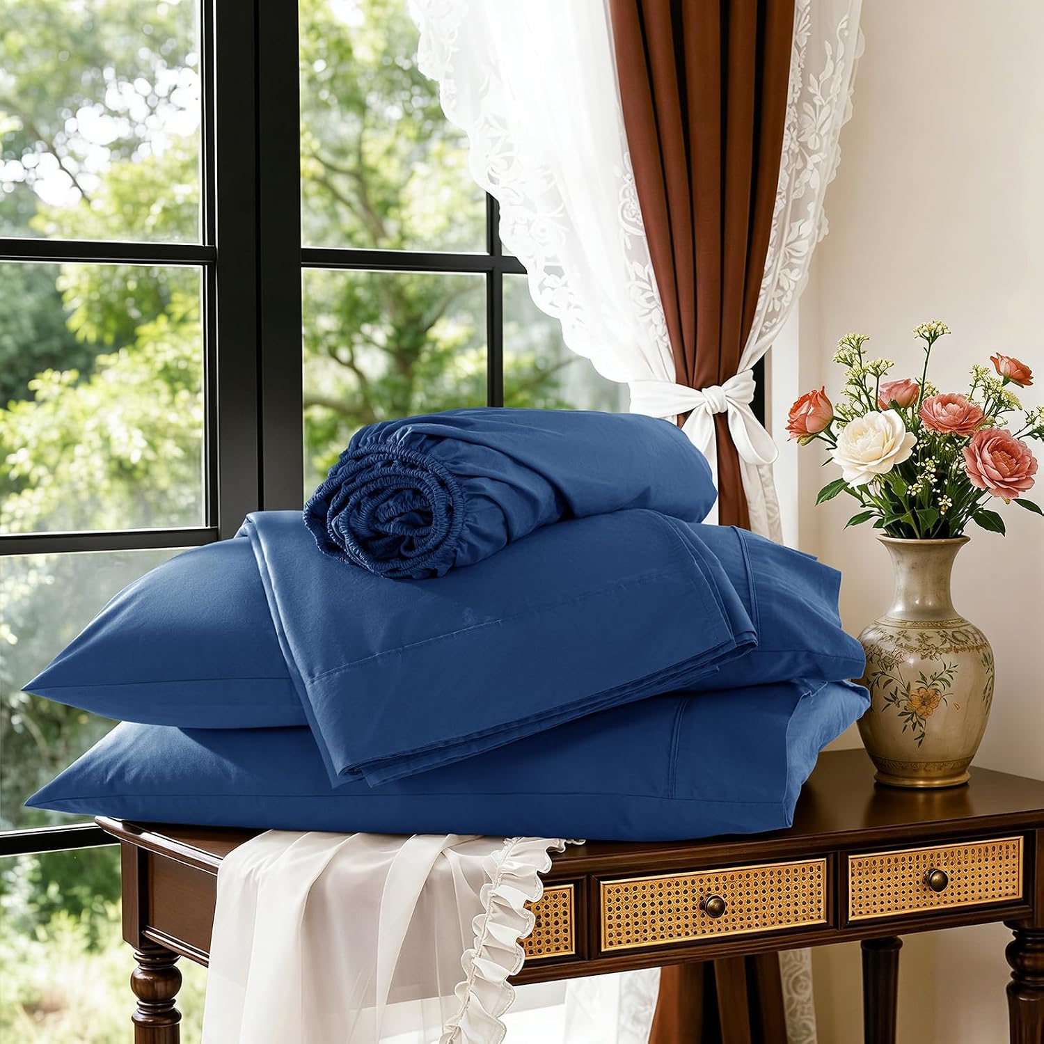 1200 Thread 100% Egyptian Cotton Sheet Sets Full Size 4 Pcs Bedding Set, Fitted Sheet Deep Pocket Up to 16' Soft Bed Sheet for All Season (Full, Navy Blue)