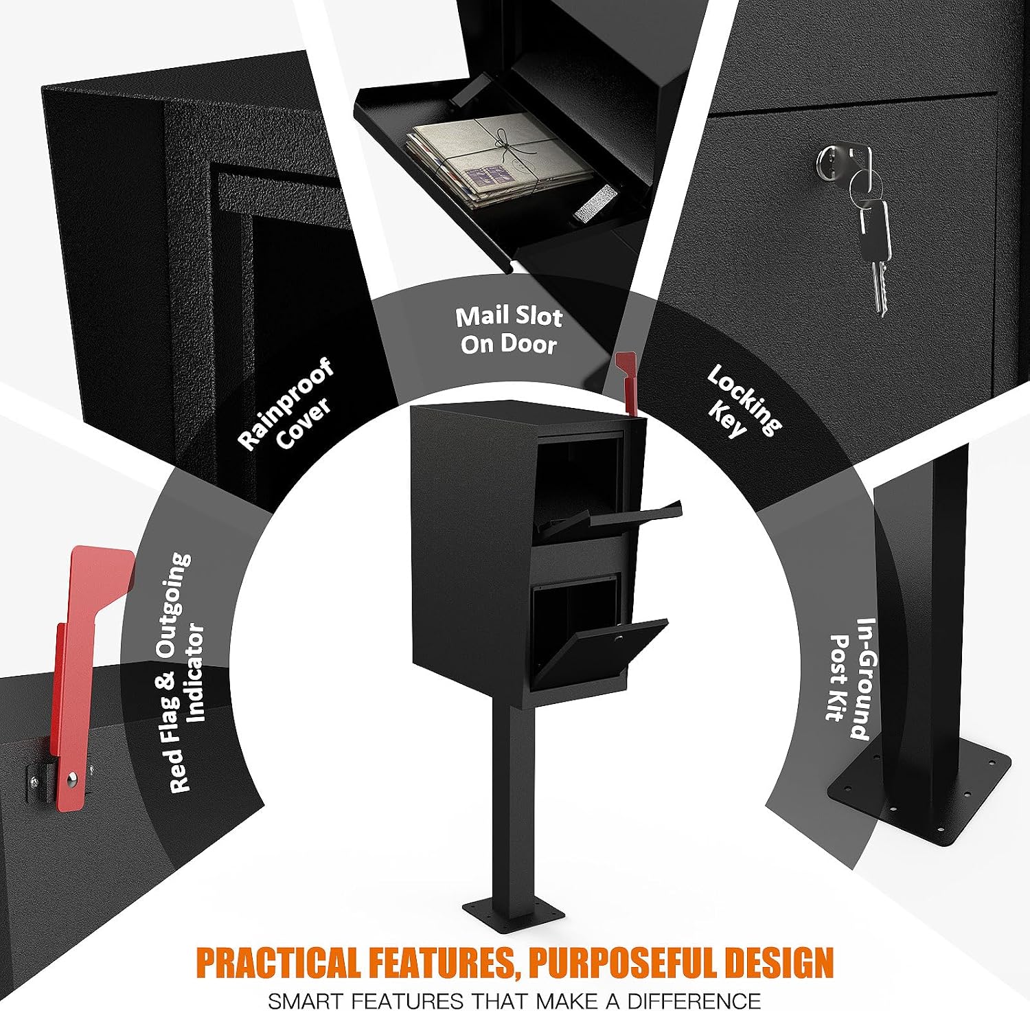 Package Mailbox with Lock, Large Post-Mount Locking Mailboxes for Outdoor Use, Heavy-Duty Steel Curbside Security Mailbox with Post and Base Plate, Weatherproof Mail Box for Residential Deliveries