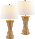 JONATHAN Y 27' Natural Woven Rattan Hourglass Table Lamp Coastal Geometric Wicker Bedside Lamp for Living Room Bedroom with White Fabric Shade Set of 2 LED Bulbs Included JYL4048A-SET2