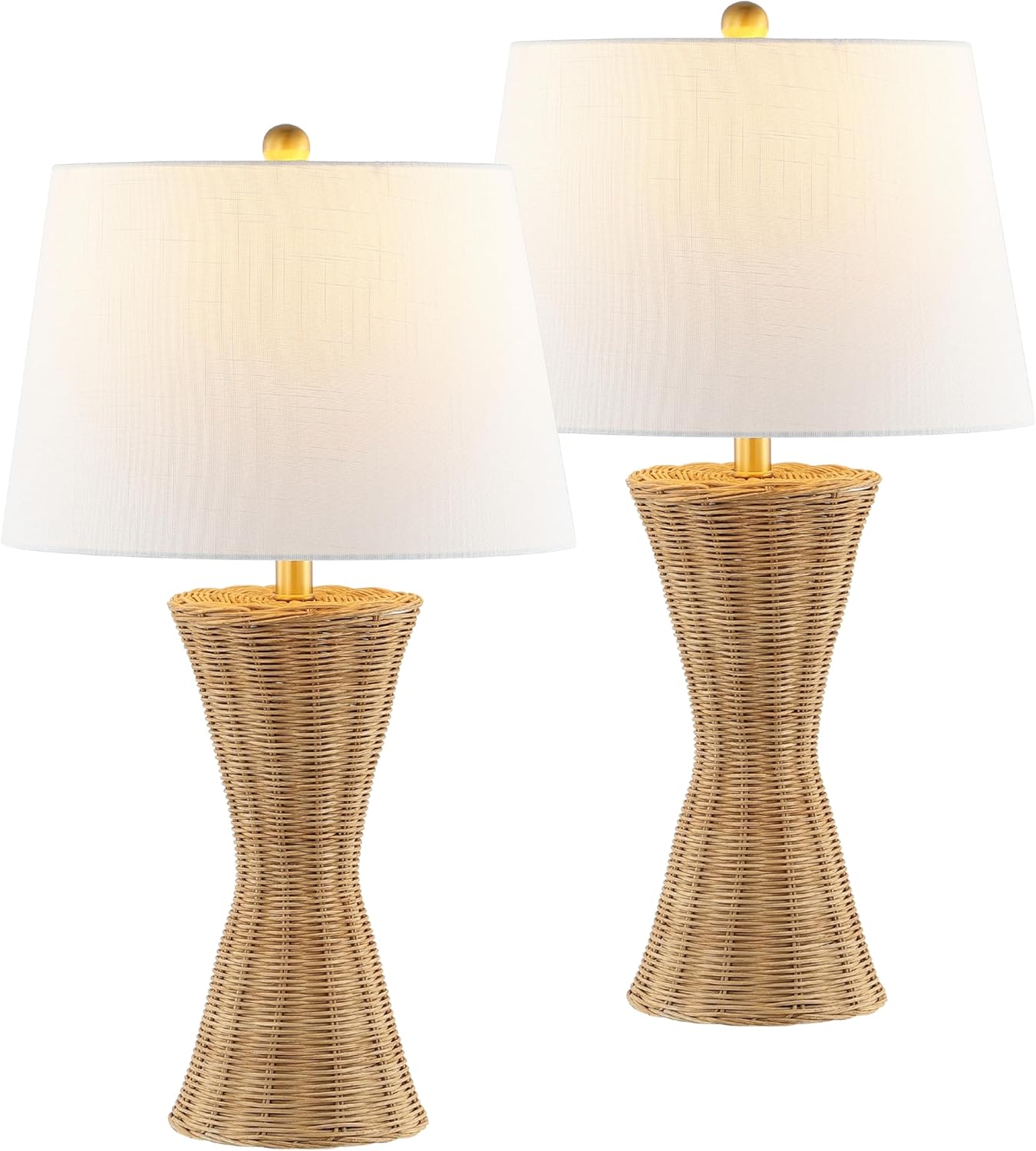 JONATHAN Y 27' Natural Woven Rattan Hourglass Table Lamp Coastal Geometric Wicker Bedside Lamp for Living Room Bedroom with White Fabric Shade Set of 2 LED Bulbs Included JYL4048A-SET2