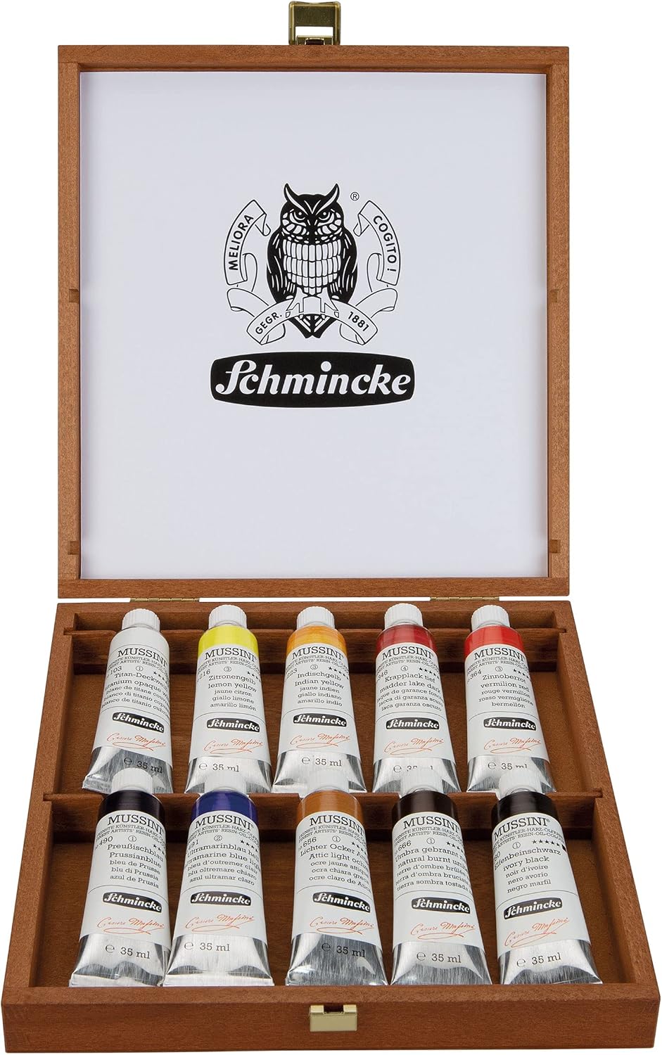 Schmincke - MUSSINI® finest resin oil colors, 10 x 35 ml set, 70 010 097, wooden box walnut-tinted, resin oil color based on recipes of old masters