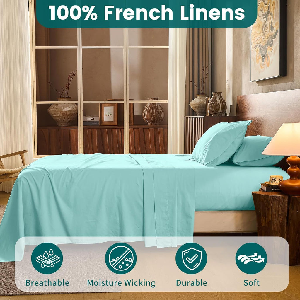 100% Linen Sheets Queen Size,Breathable & Durable 4-Piece Bed Flax Sheet Set,Soft All-Season Bedding for Hot Sleepers 16' Deep Pocket Oeko-TEX Certified,（Queen, Light Blue）