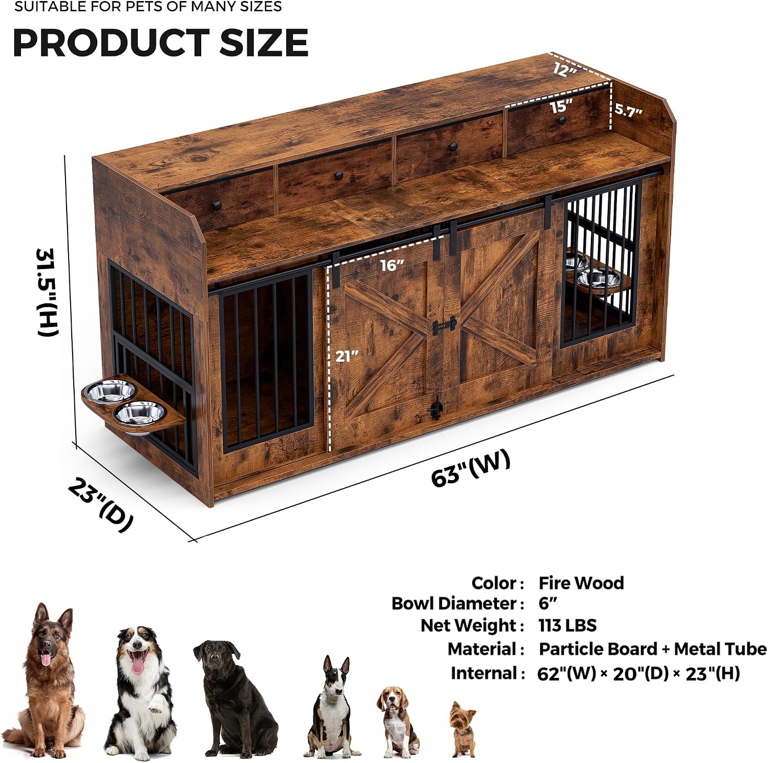 63' Double Dog Crate Furniture – Wooden Dog Kennel Indoor with Sliding Doors, Adjustable Bowls & Storage Drawers – Large Dog Crate TV Stand for 2 Dogs, Burnt Wood Color