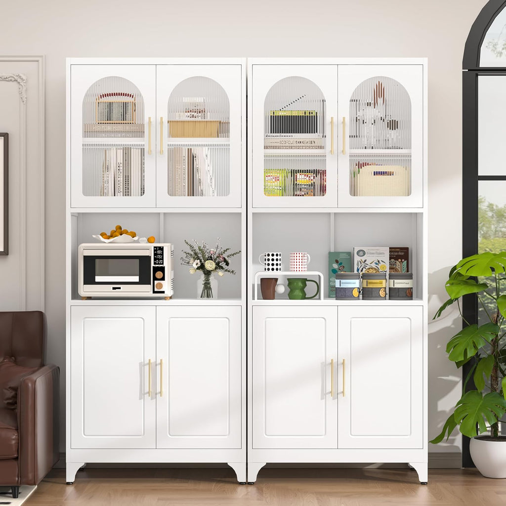 75' Metal Kitchen Pantry Storage Cabinet,Kitchen Hutch Food Pantry Cabinet with Microwave Stand,Freestanding Larder Cupboard with Doors and Adjustable Shelves for Living Room