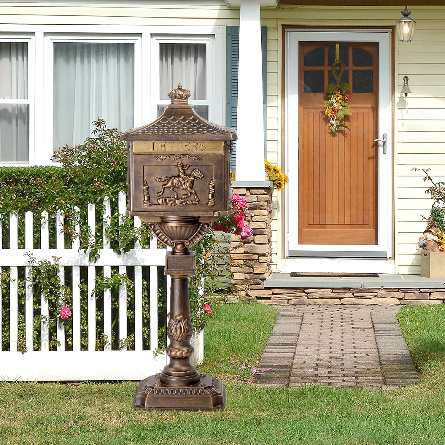 Cast Aluminum Mailbox Postal Box, Locking Mailbox for Outside with Keys, Curbside Mail Manager Outside Weatherproof Rustproof Security Post-Mount Mail Box (Antique Bronze)