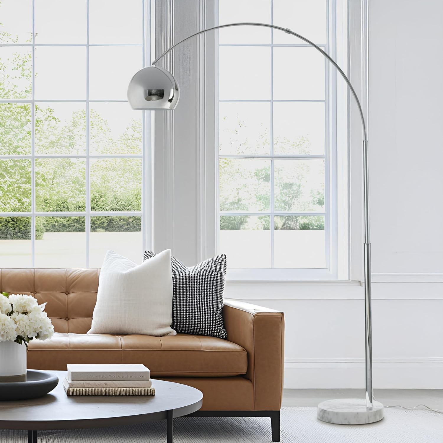 Brightech Olivia Floor Lamp - Chic Arc Lamp with Rounded Spolight Head and Marble Base for Living Room, Tall Standing Lamp with LED Light Bulb for Bedroom Reading, Boho Home Decor for Office - Chrome