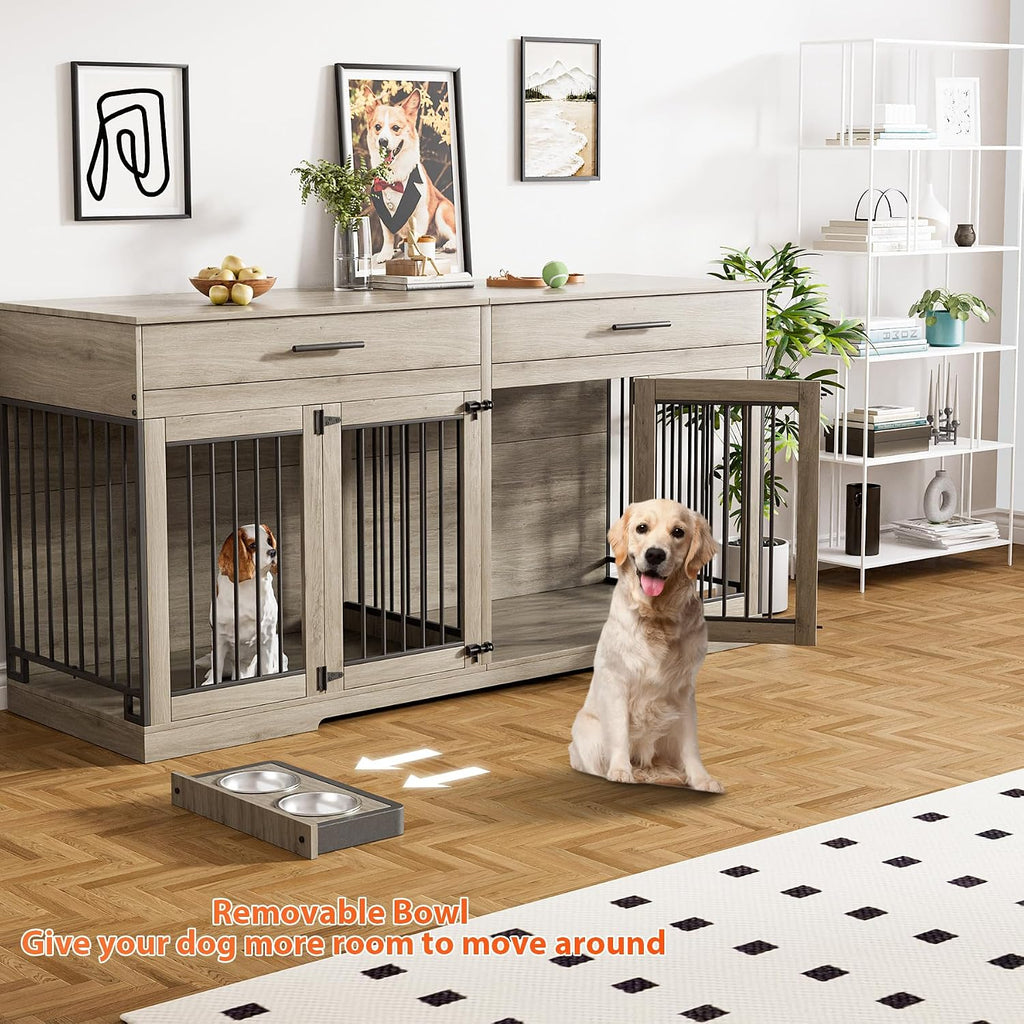 Rophefx 72' Dog Crate Furniture for 2 Dogs, Large Double Dog Kennel Indoor Furniture with 2 Storage Drawers and Removable Divider, Wooden Dog Cage with 4 Bowls, Dog House TV Stand for Medium Dog, Grey
