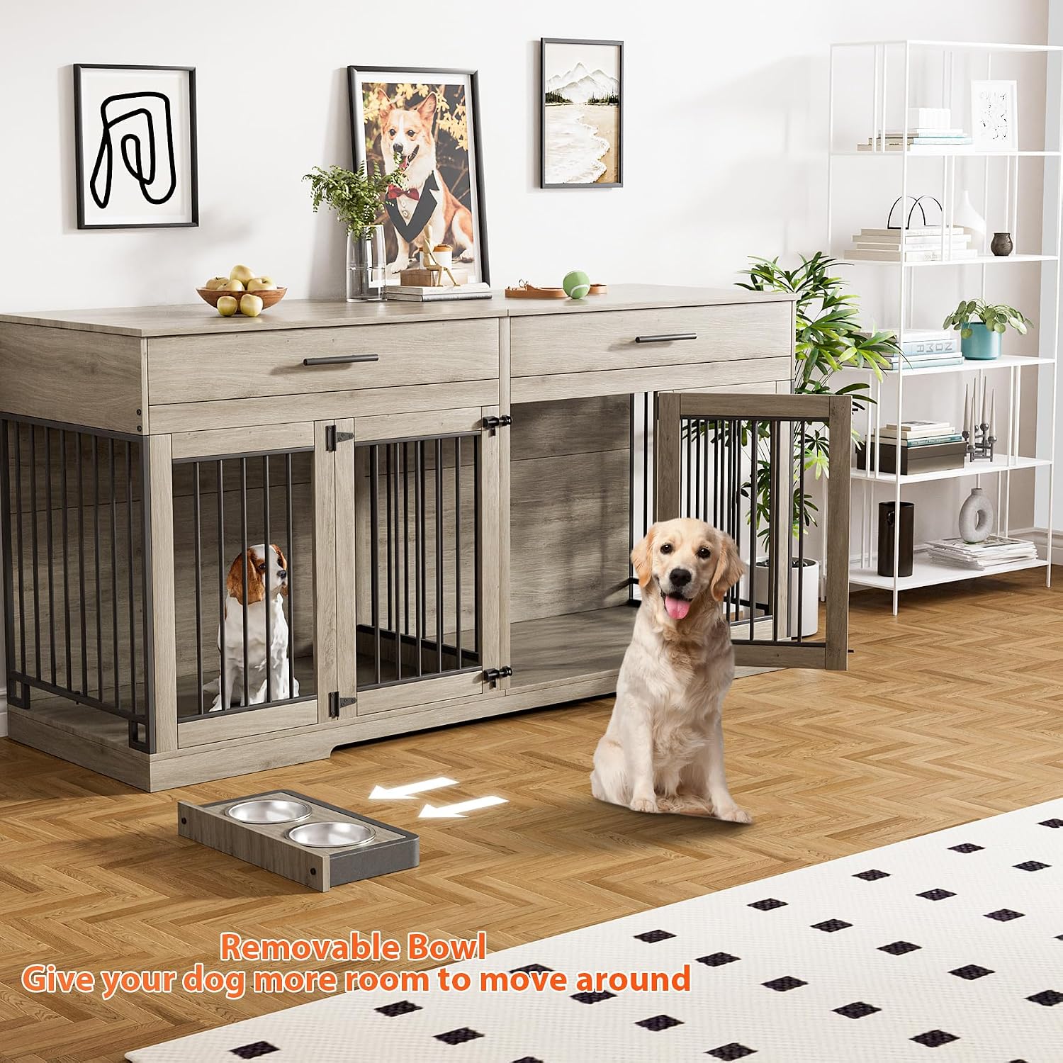 Rophefx 72' Dog Crate Furniture for 2 Dogs, Large Double Dog Kennel Indoor Furniture with 2 Storage Drawers and Removable Divider, Wooden Dog Cage with 4 Bowls, Dog House TV Stand for Medium Dog, Grey