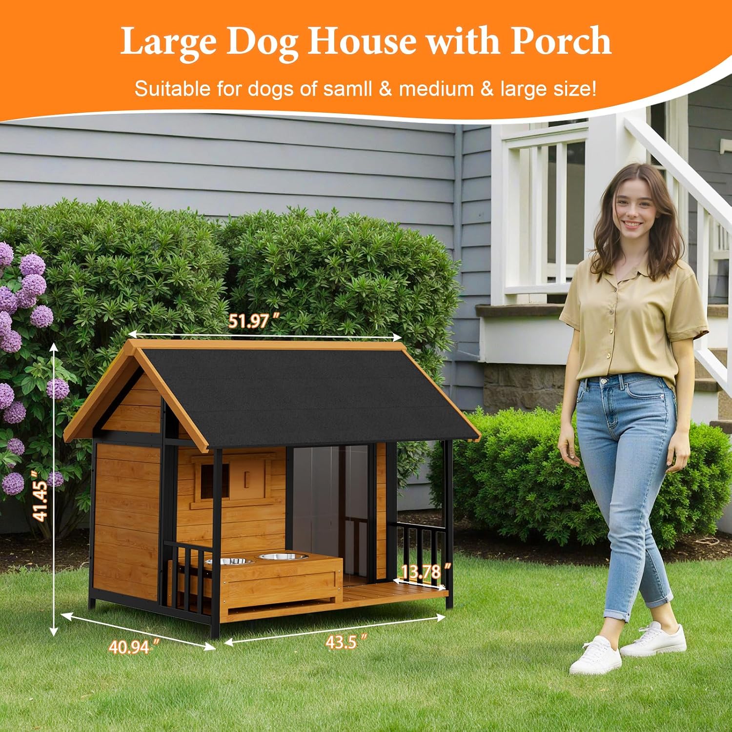 Large Dog House with Dog Bowls Stand, Outdoor Weatherproof XL Dog Kennel with Openable Roof, Easy Assembly All-Around Iron Frame Design for Outside Medium Big XLarge Breed Dogs