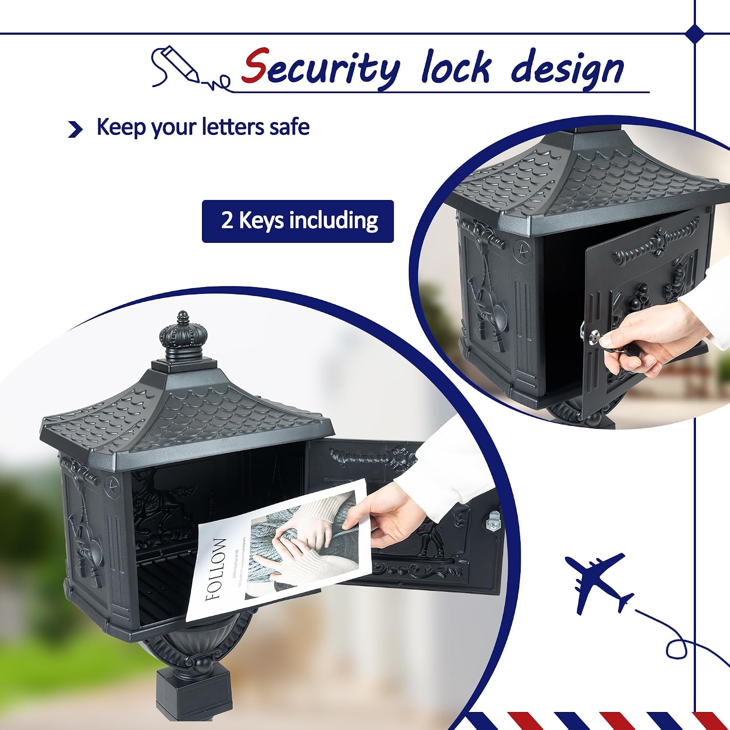 Retro Locking Mailboxes for Outside Aluminum Freestanding Mailbox with Post, Heavy Duty Mail Boxes for House with Post, Black