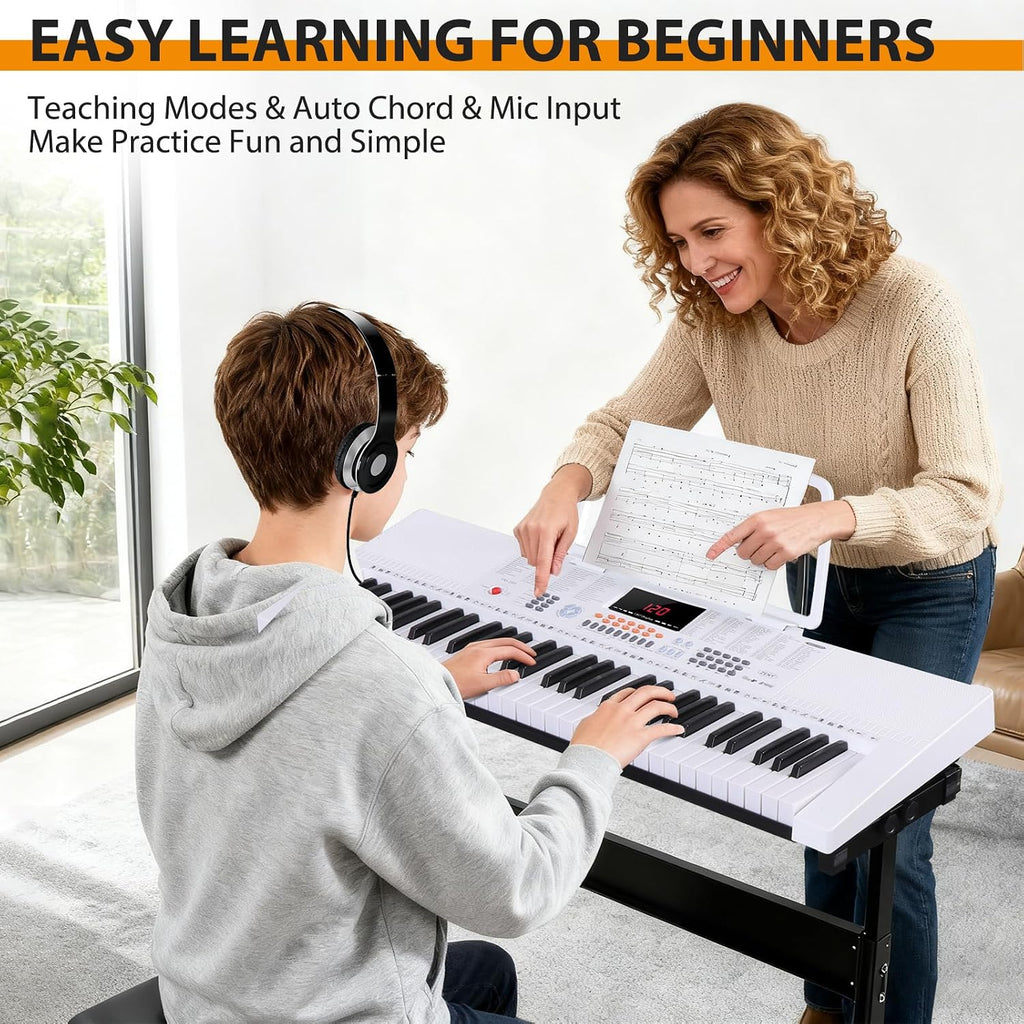 ZENY 61-Key Portable Electric Keyboard Piano with Built In Speakers, LED Screen, Headphones, Microphone, Piano Stand, Music Sheet Stand and Stool (White)