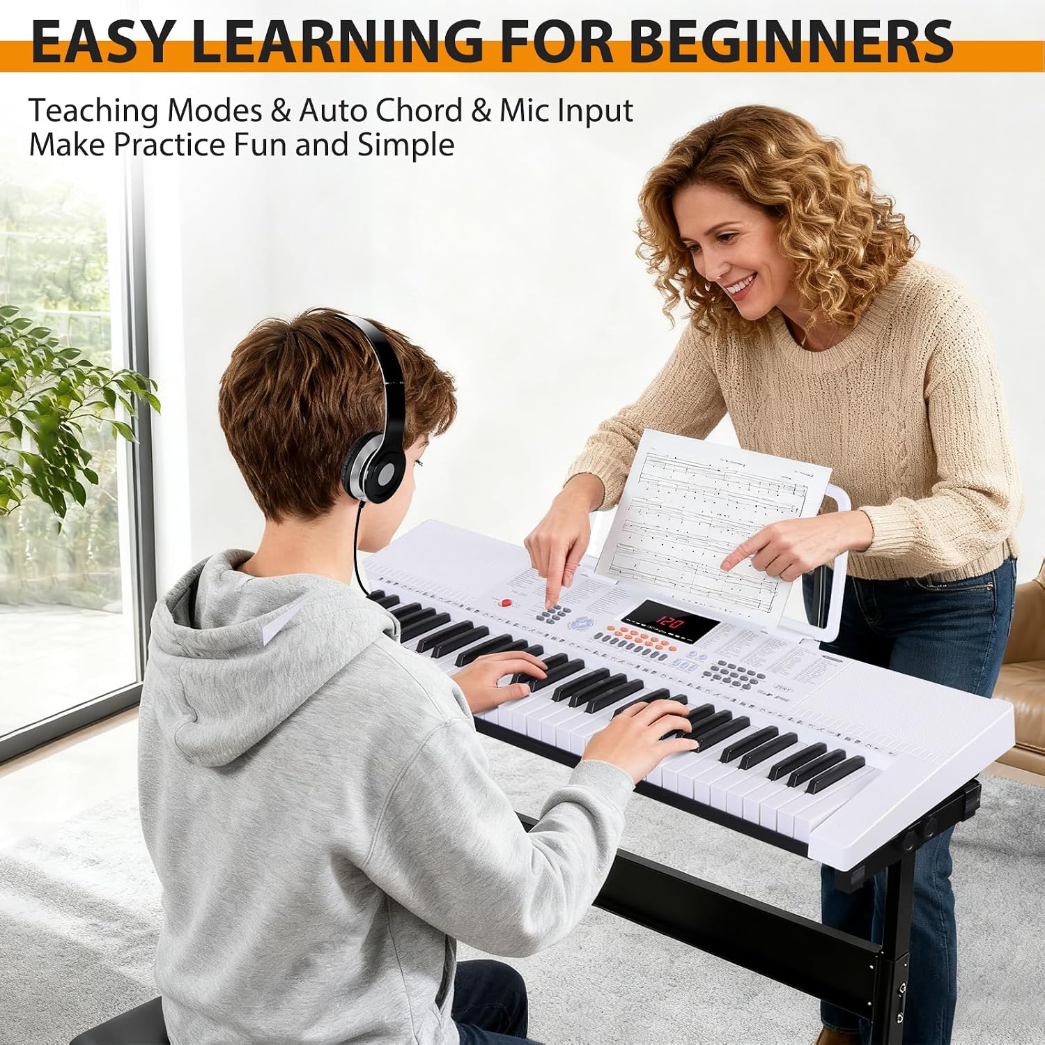 ZENY 61-Key Portable Electric Keyboard Piano with Built In Speakers, LED Screen, Headphones, Microphone, Piano Stand, Music Sheet Stand and Stool (White)