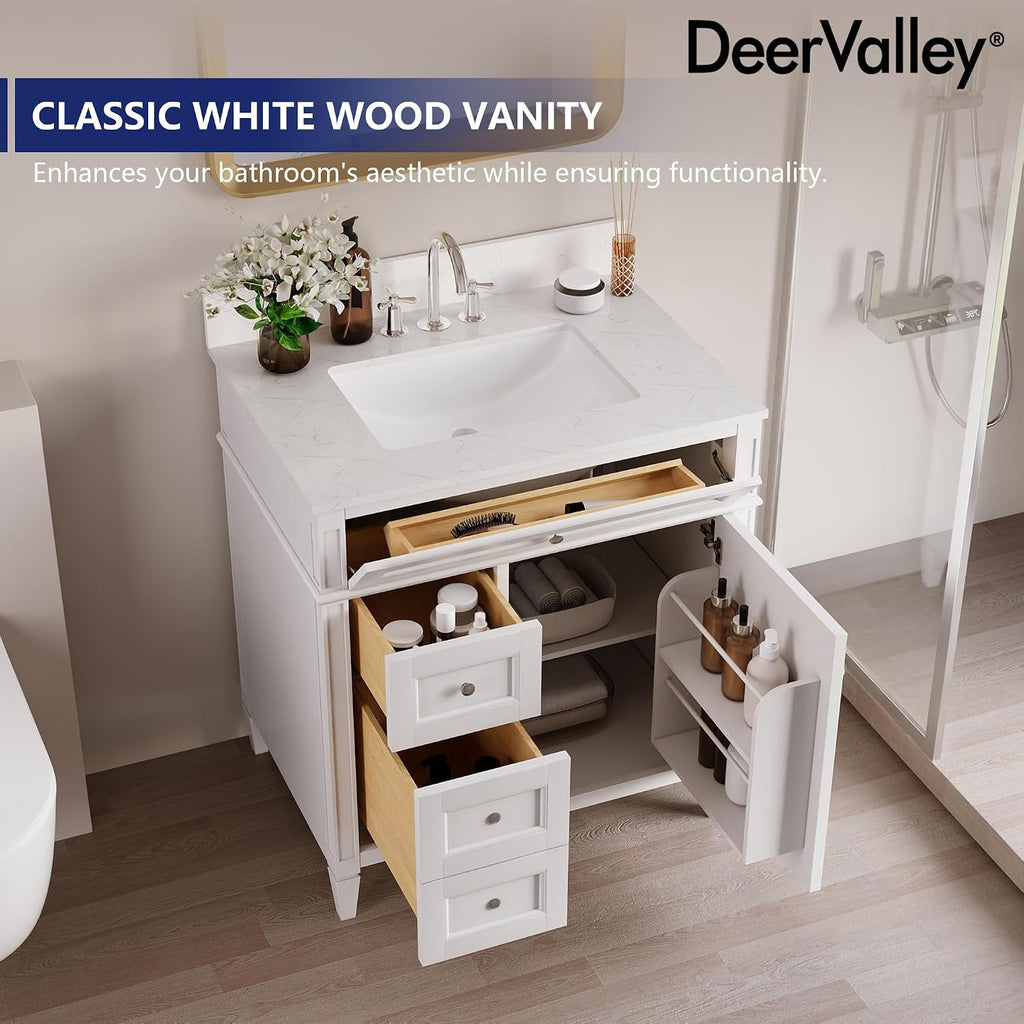 DeerValley 30 Inch Bathroom Vanity with Sink and Backsplash, Pre-Assembled Modern Bath Cabinet with Storage, Soft Close Doors, White