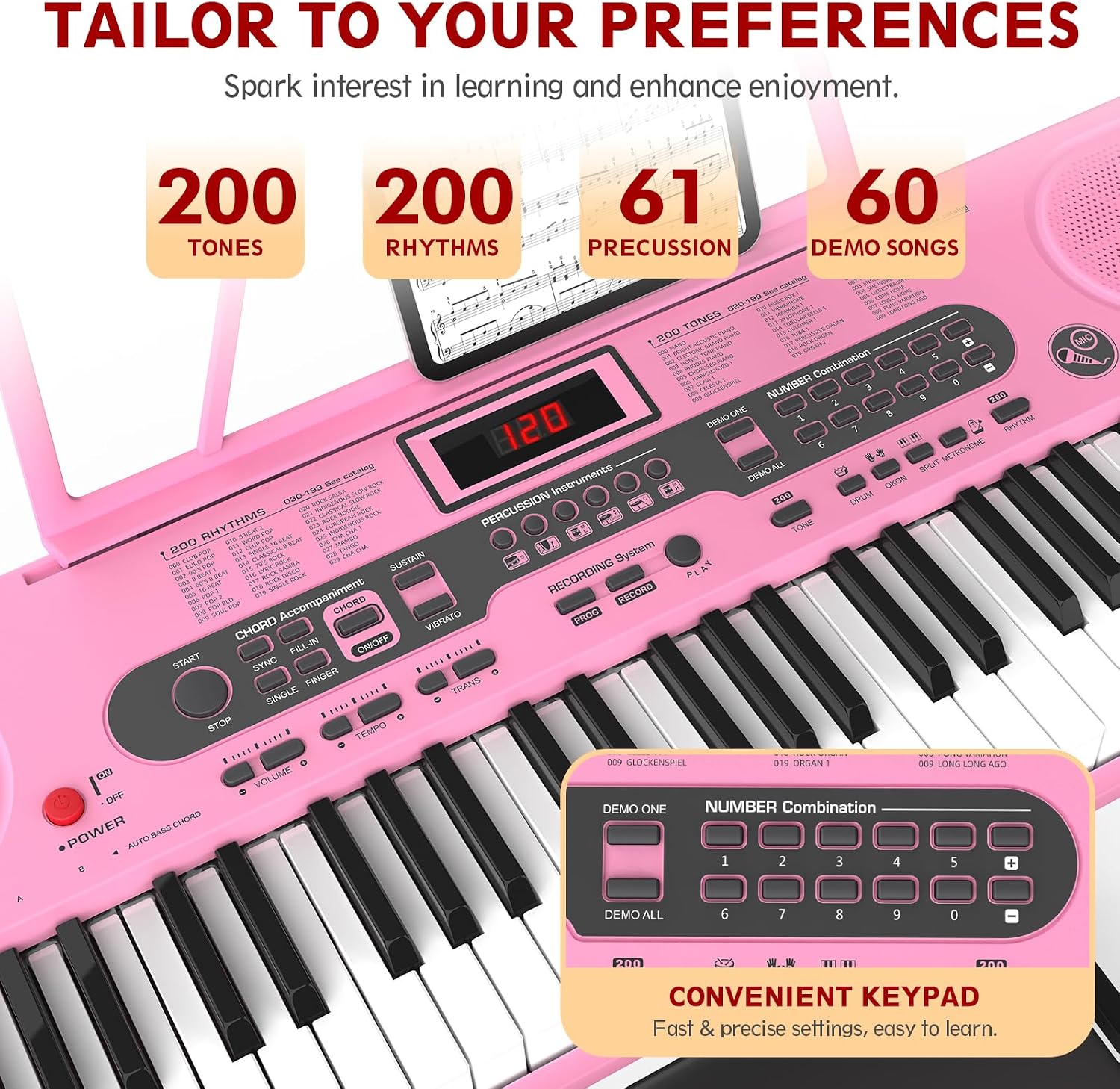 Fenbeli 61 Key Keyboard Piano for Beginners, Electric Piano Keyboard with Stand and Bench, Microphone, Headphone, Sheet Music Stand, LED Screen, 200 Tones, Teaching Mode, Holiday Gift