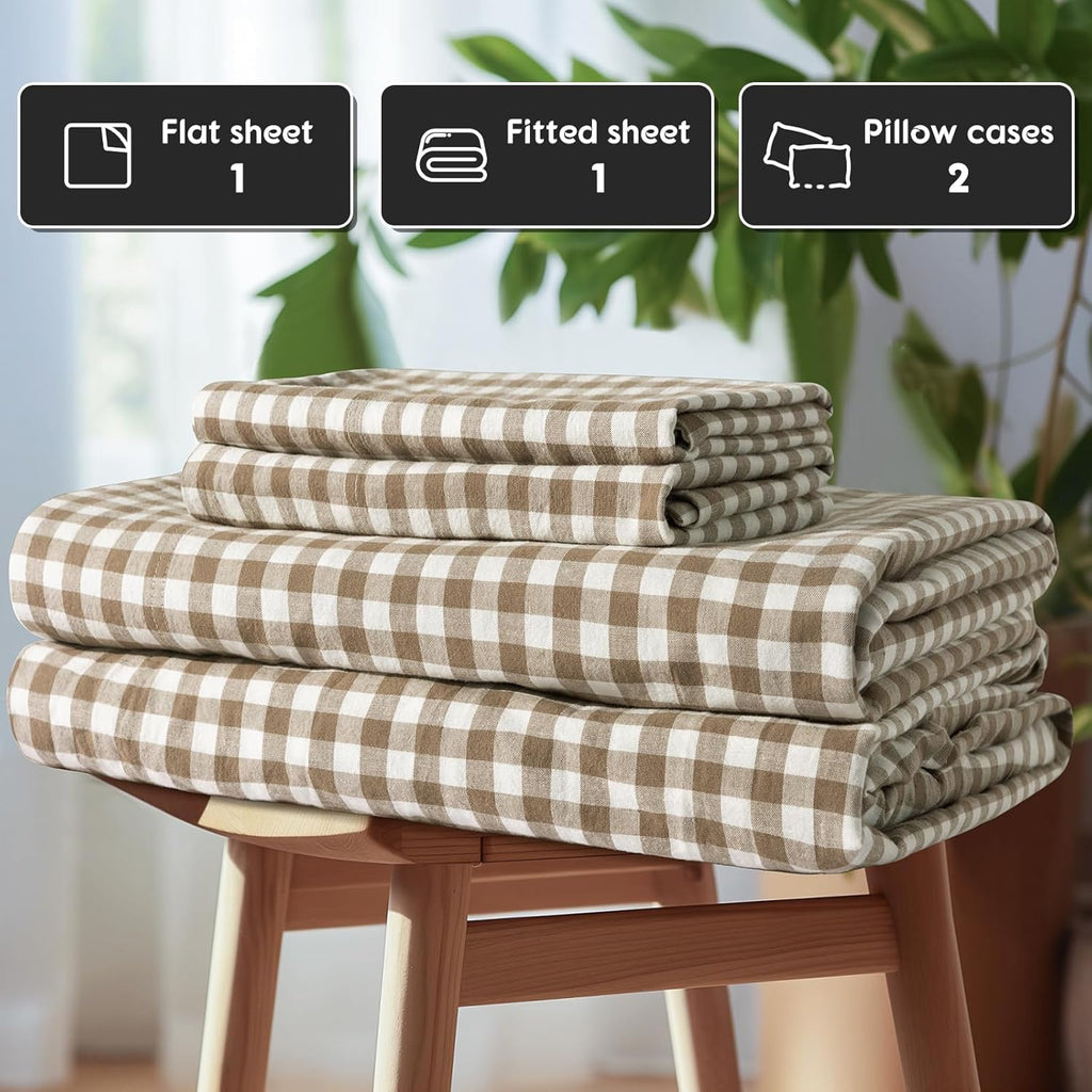 SONORO KATE 100% French Pure Linen Sheets, Breathable and Durable Linen Queen Size Sheets, Anti-Tear Linen Bed Sheets, Machine Washable, 16 Inch Deep Pocket - 4 Piece (Brown & White Plaid)