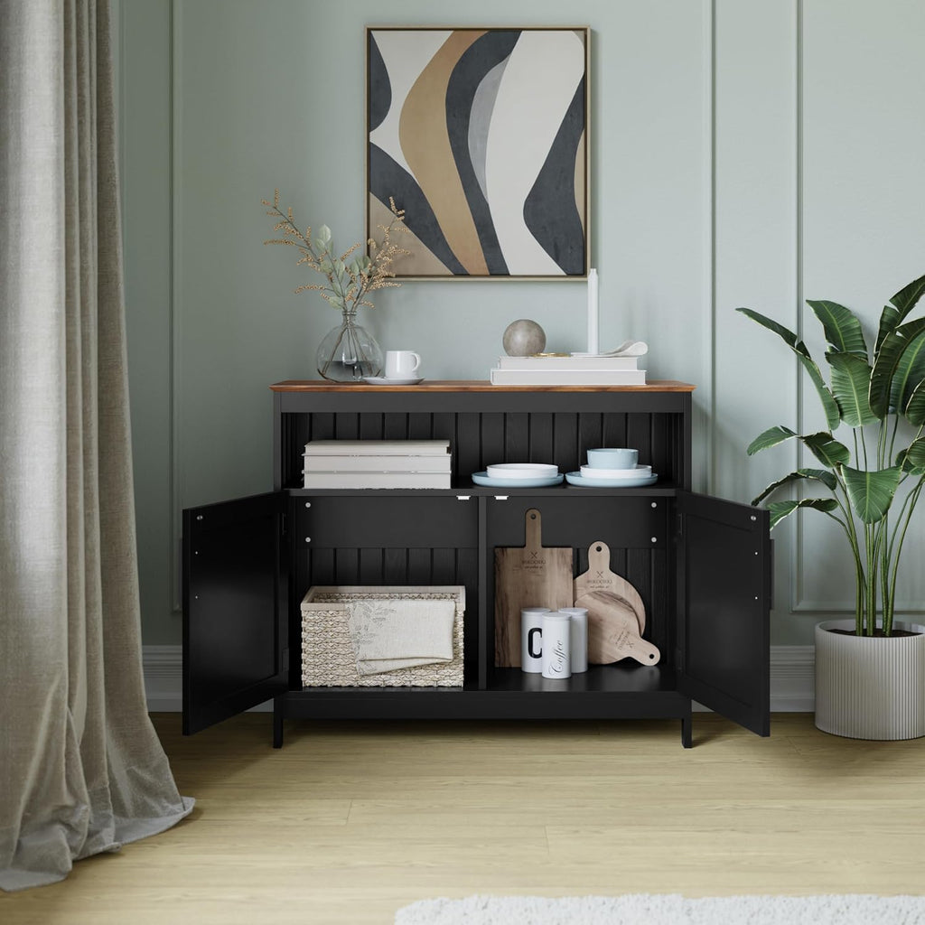 Flash Furniture Mayfield Buffet and Sideboard Cabinet, Double Door Storage Cabinet, Open Upper Storage Shelf, Waterproof Surface, 40' Wide, Black/Walnut