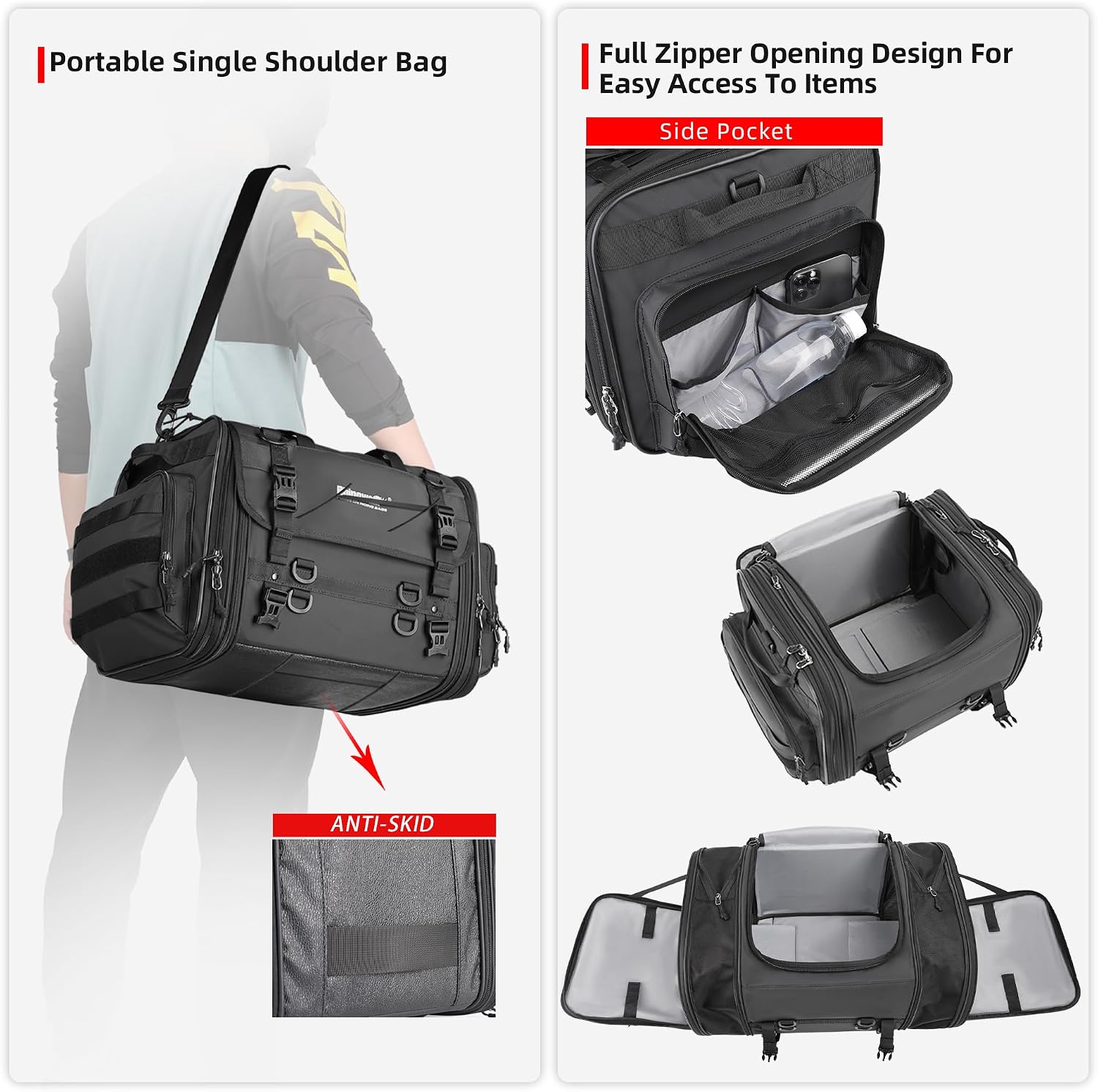 Rhinowalk Motorcycle Tail Bag, Expandable Motorcycle Travel Luggage Bags 80L, Waterproof All-Weather Trunk Rack Bag with Sissy Bar Straps & Helmet Rain Cover-Black