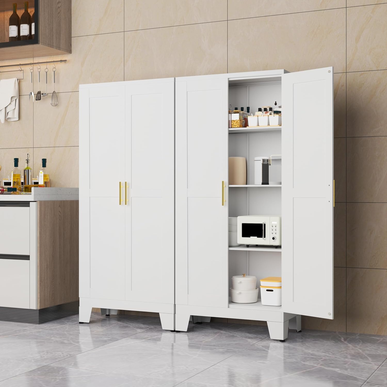 erosoei 61.02'H Pantry Storage Cabinet, Kitchen Storage Cabinets with Adjustable Feet and Shelves, Metal Pantry Cabinet for Kitchen, Living Room, Laundry Room and Dinning Room (2door-White)