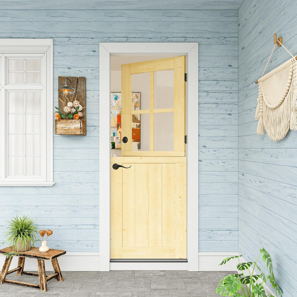 32' x 80' Exterior Dutch Entry Door (Front/Outside) - 1.75' Solid Pine with 4-Lite Glass, Half Panel,Interior Doors Slab for Home Entryway/Back w/4 Hinges+1 Latch +1 Slab+1 Lock Set