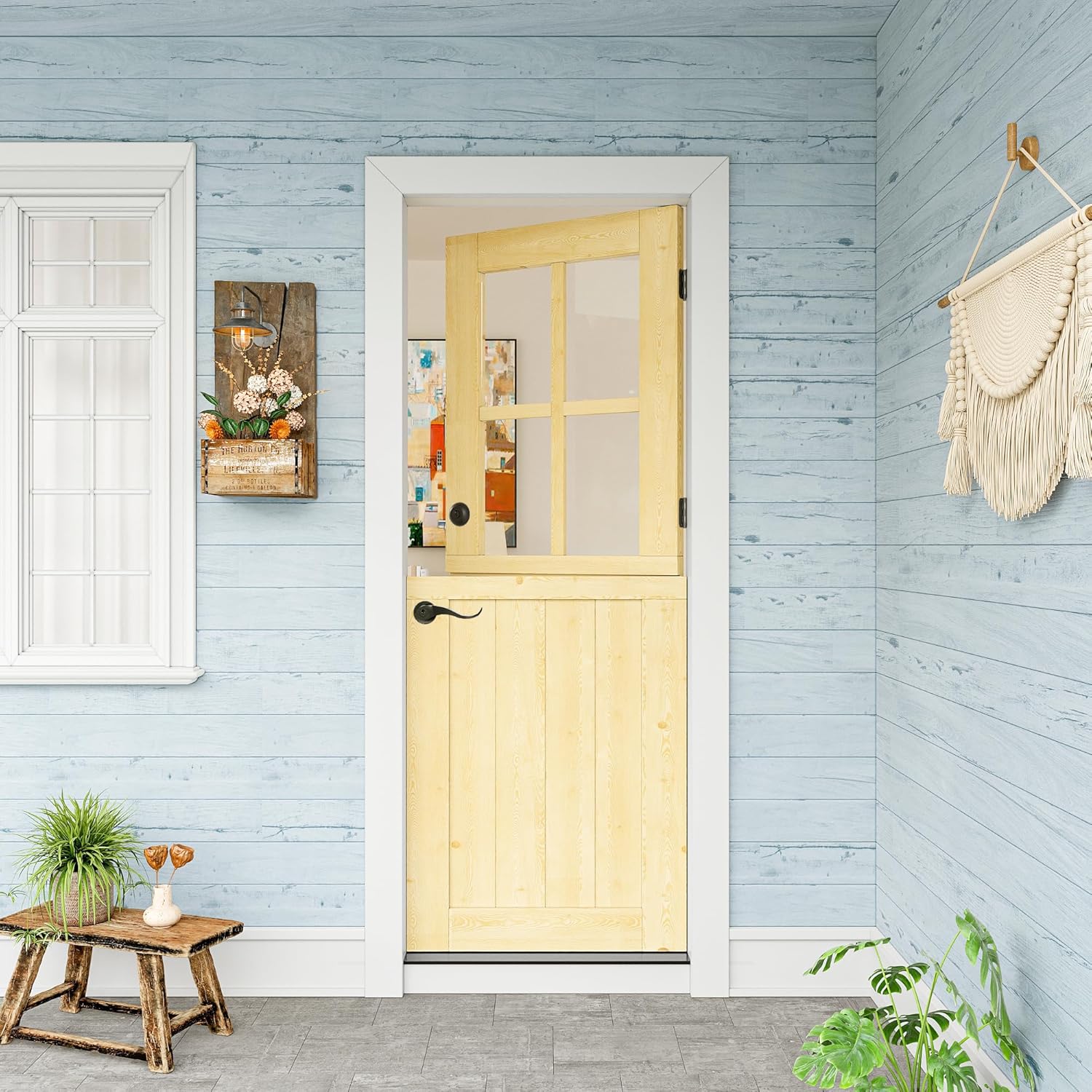 32' x 80' Exterior Dutch Entry Door (Front/Outside) - 1.75' Solid Pine with 4-Lite Glass, Half Panel,Interior Doors Slab for Home Entryway/Back w/4 Hinges+1 Latch +1 Slab+1 Lock Set