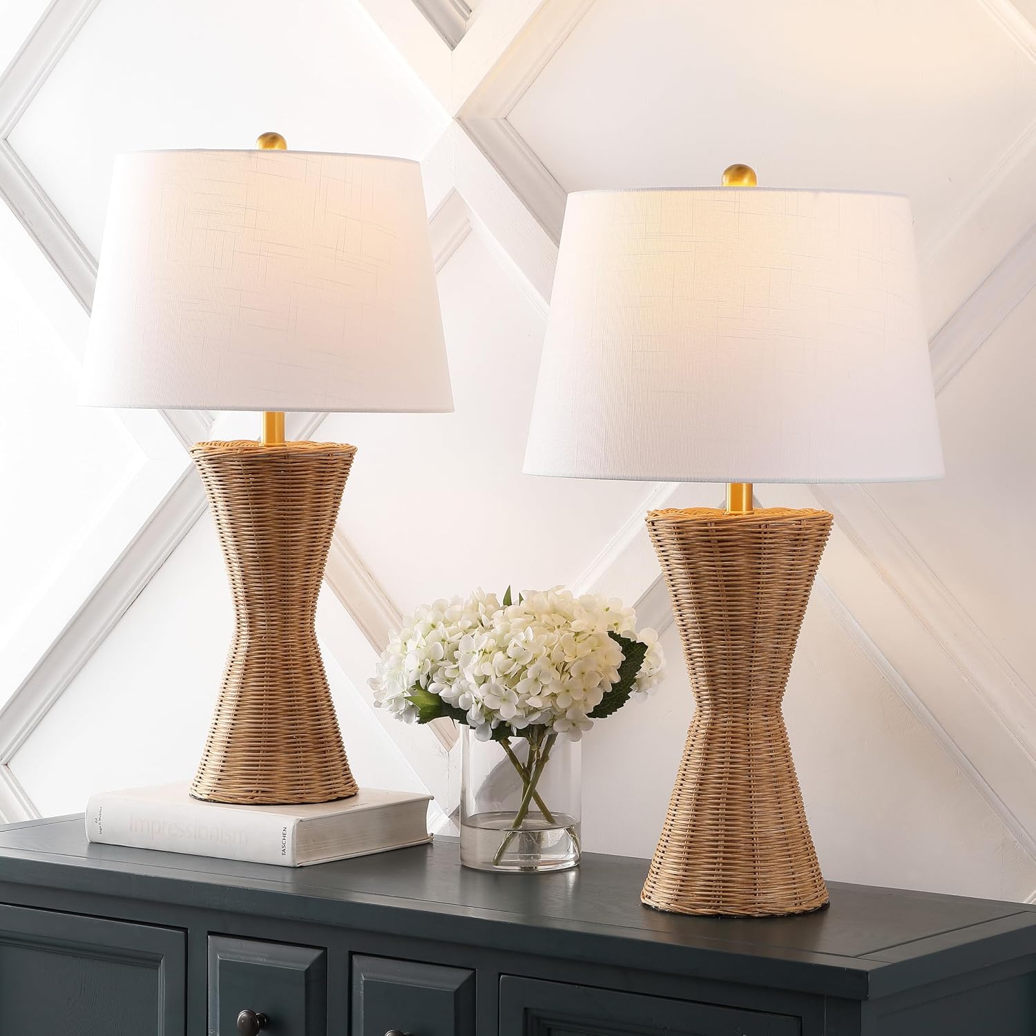 JONATHAN Y 27' Natural Woven Rattan Hourglass Table Lamp Coastal Geometric Wicker Bedside Lamp for Living Room Bedroom with White Fabric Shade Set of 2 LED Bulbs Included JYL4048A-SET2