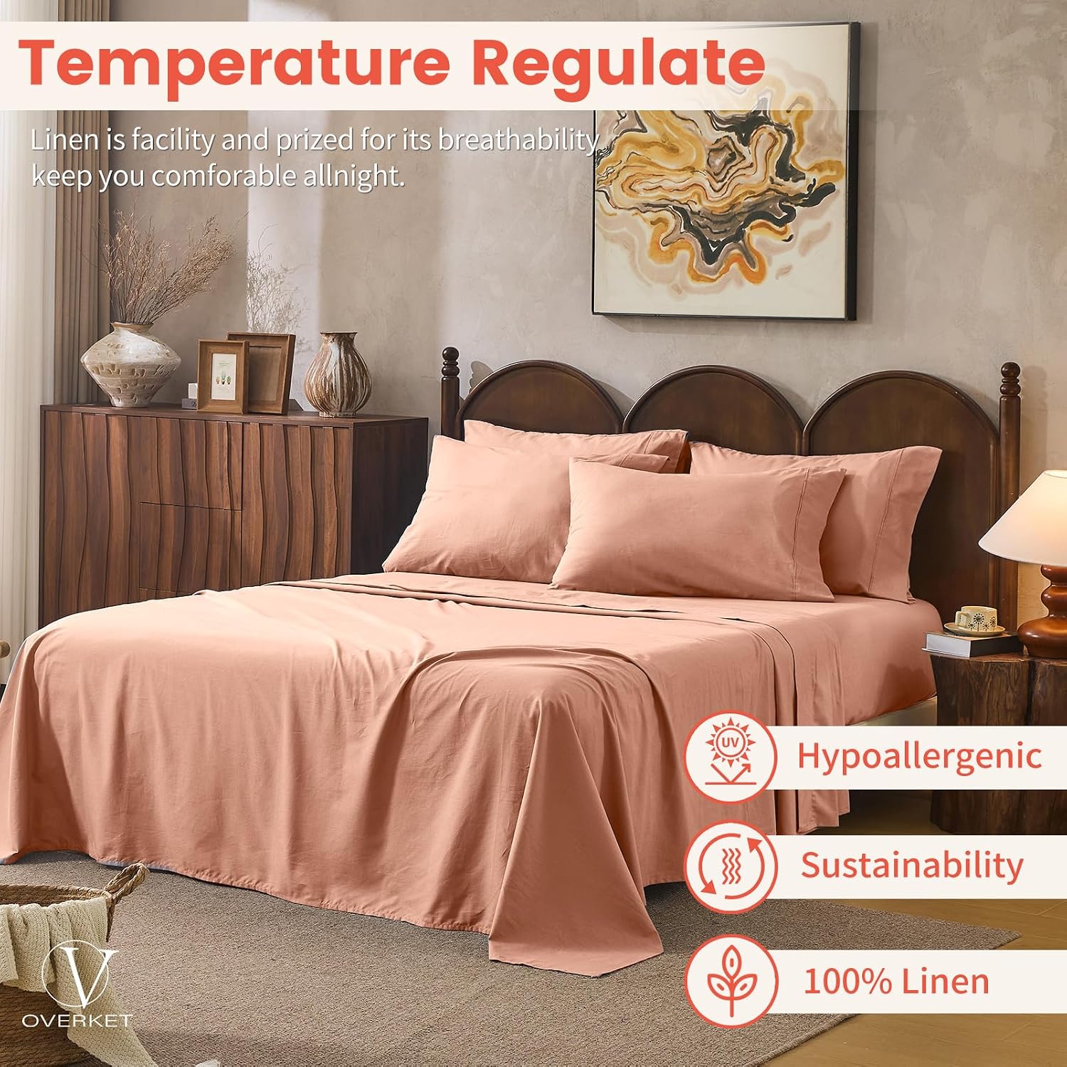 100% Linen Sheets Queen Size,Breathable & Durable 4-Piece Bed Flax Sheet Set,Soft All-Season Bedding for Hot Sleepers 16' Deep Pocket Oeko-TEX Certified,（Queen, Light Red）