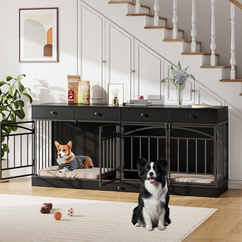 GarveeHome Dog Crate Furniture for 2 Dogs, Dog Kennel Indoor with 4 Storage Drawers and Feeding Bowls, Double Dog Crate TV Stand for Small Medium Dogs, Black