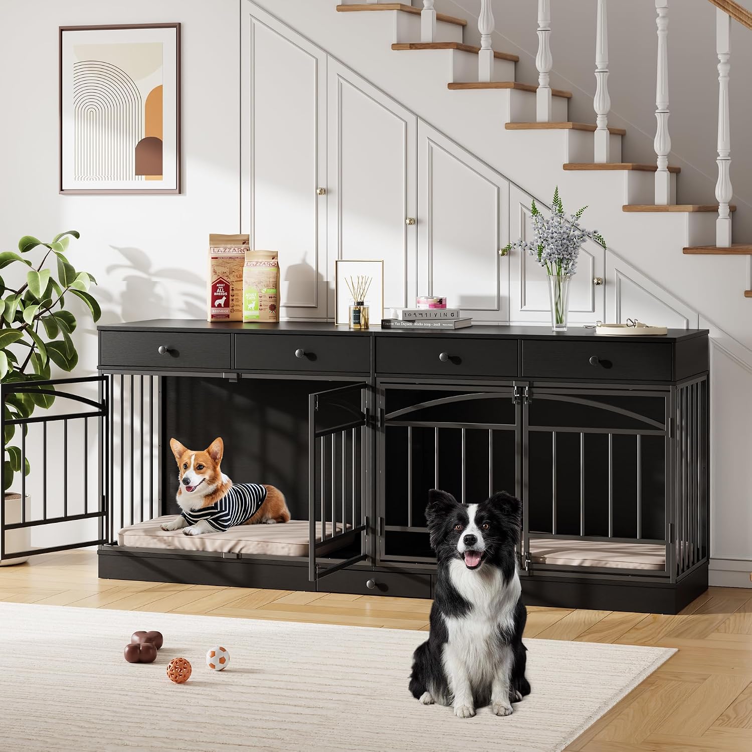 GarveeHome Dog Crate Furniture for 2 Dogs, Dog Kennel Indoor with 4 Storage Drawers and Feeding Bowls, Double Dog Crate TV Stand for Small Medium Dogs, Black