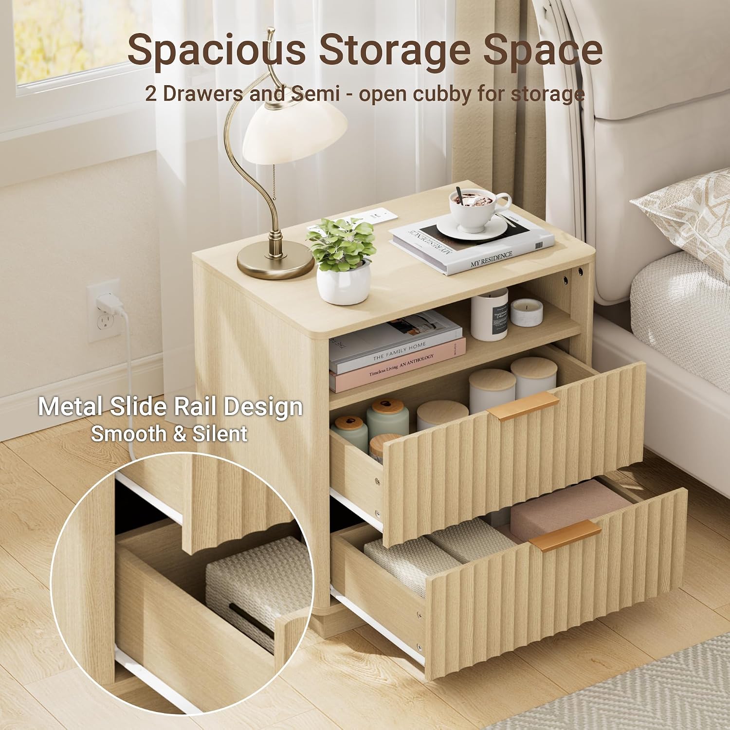 Fluted Nightstand, 23' Wide Night Stand, Modern Nightstand with Charging Station, 2 Drawer Large End Table w/Storage, Bedside Table for Bedroom Sofa Home Office, Curved Corners, Natural Oak