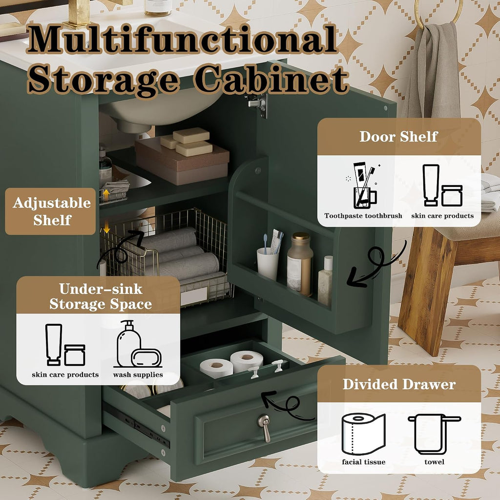 20 Inch Green Bathroom Vanity with Ceramic Sink and 1 Divider Drawer, Modern Bathroom Cabinet with Adjustable Shelf, Over Door Storage Rack and Soft Close Door