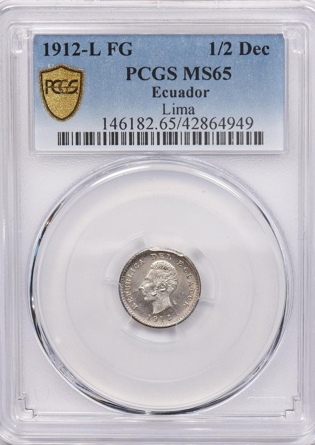 Collectible Coin Ecuador 1912 L FG 1/2 Decimo Eagle animal PCGS MS 65 rare condition Lima PC1254