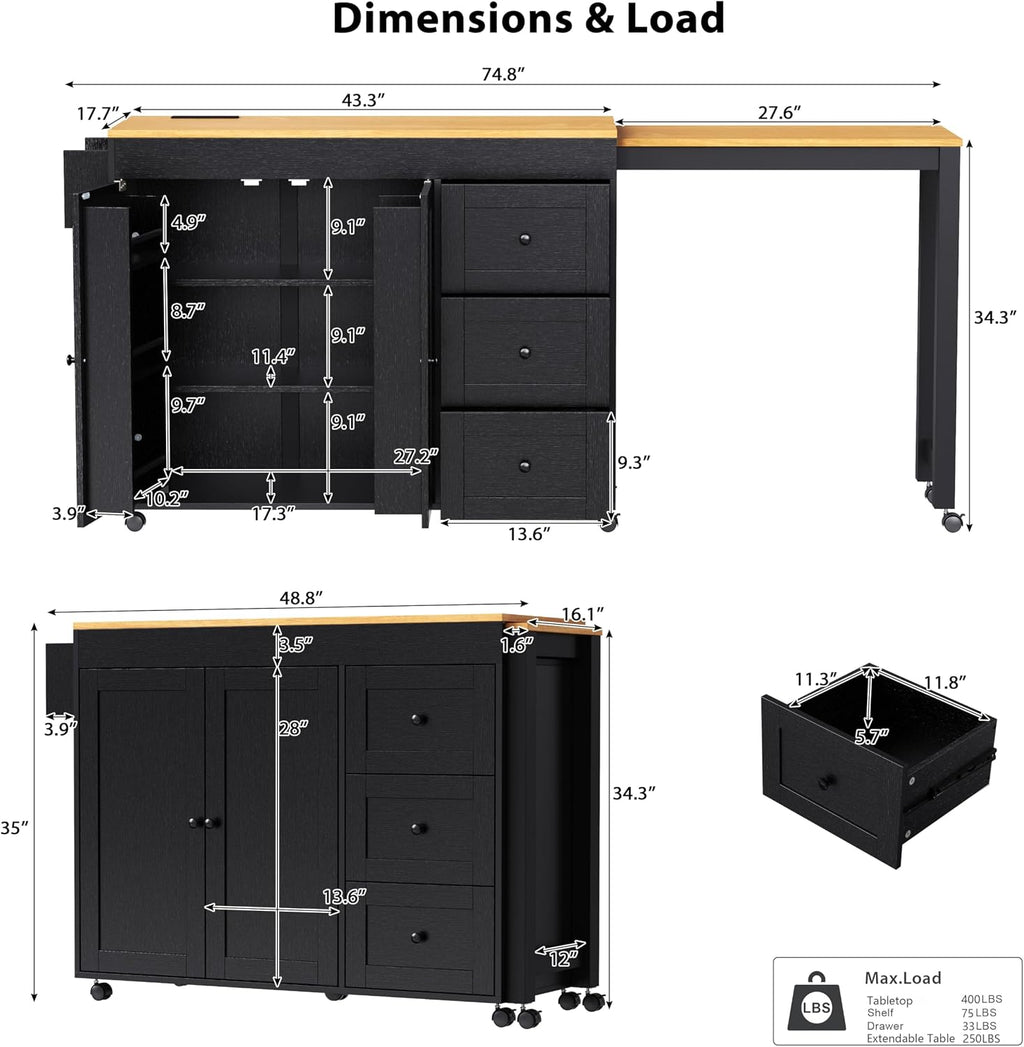 RUNNA Kitchen Island with Extendable Dining Table,Storage Cart with 3 Drawers,Power Outlet,Rolling Island on Wheels with Spice Rack and 2 Door Cabinet,for Kitchen (Black@01)