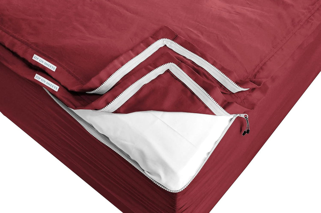 Zip On Sheets™ Zipper Fitted Sheet Queen Size - Upto 16' Inch Deep Pockets - Includes 1 Fitted Sheet Base & 2 Zip-On Sheets - Easy to Use, Sateen Cotton 500 TC Fitted Sheet - Burgundy