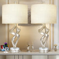 Scenekoy Sculptural Resin Table Lamp Set of 2 with USB Ports for Bedroom Living Room, 26' Antique Silver Leaf Dual Pull Chains Bedside Lamps, Nightstand Lamp for Home Room Decor (Bulbs Included)