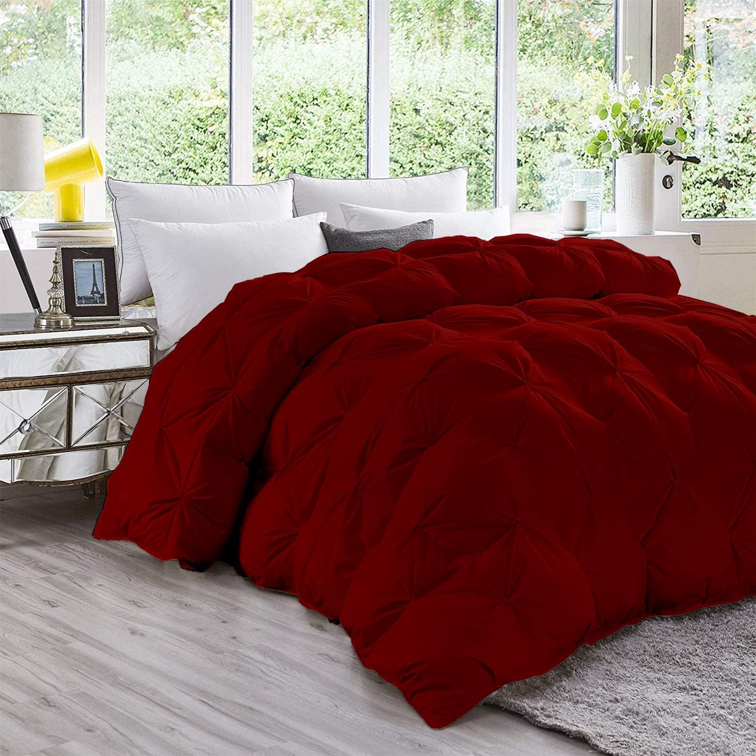 Eco Friendly 1000-TC Pinch Pleated Down Alternative Comforter 1pc Comforter & 2 pcs Pillow Covers, 700 GSM & All Side Corner Tabs 100% Egyptian Cotton (Oversized Queen Size (98' x 98'), Burgundy)