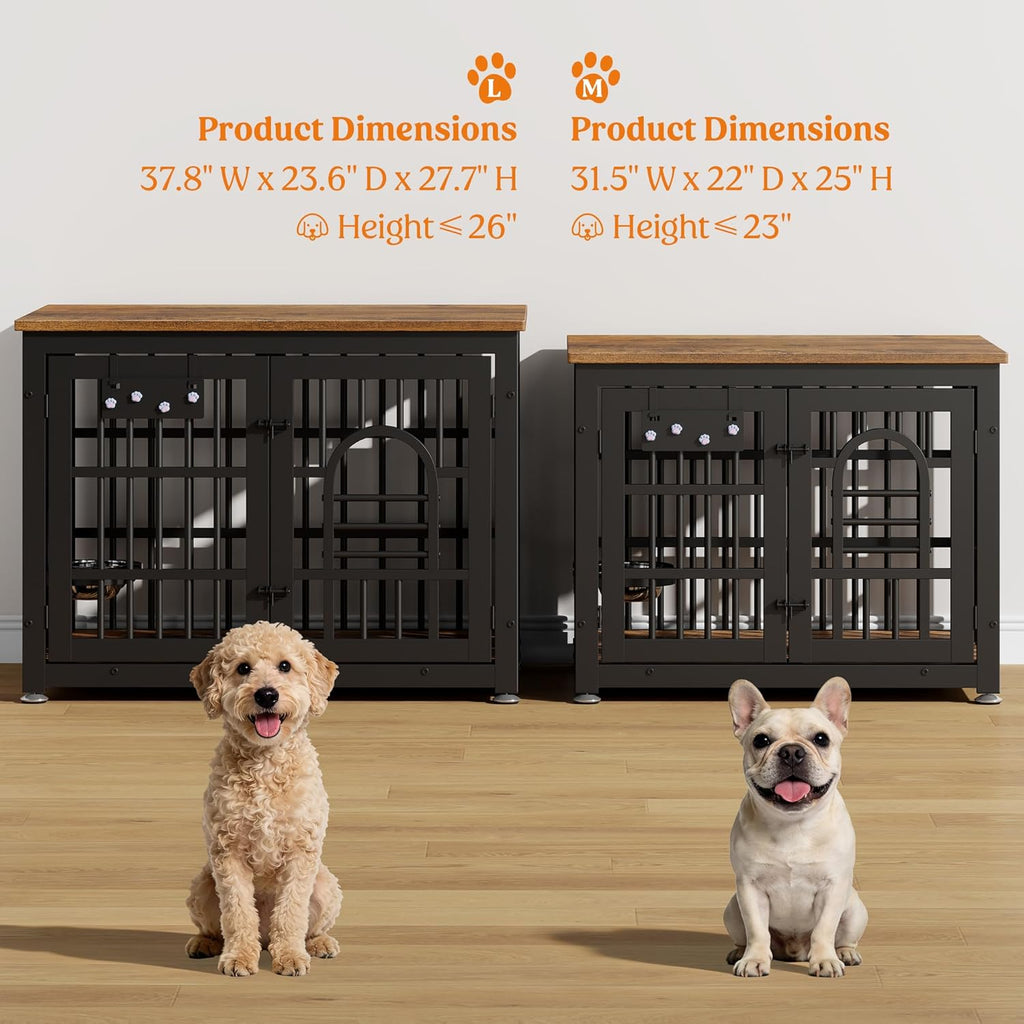 Lulive Dog Crate Furniture 31.5' Wooden Dog Kennel Table with Bowls Heavy Duty Dog Crates for Small/Medium/Large Dogs, Dog Kennel Furniture Indoor as TV Stand End Table,Brown