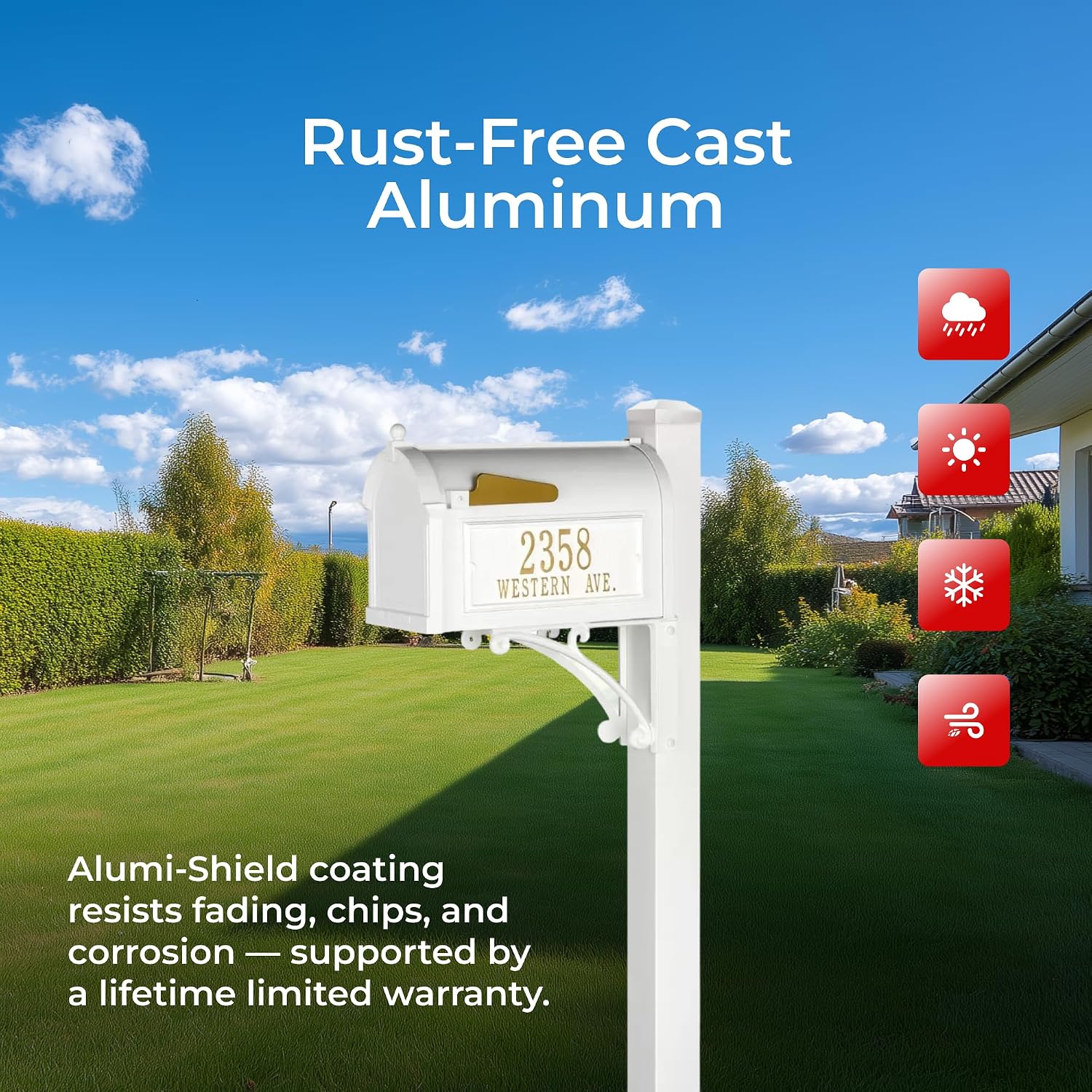 Whitehall White Superior Mailbox Package with Personalized Side Plaques & Post Fashion and Function with a Classic Design Including Street Name for Enhancing Curb Appeal of Your Home