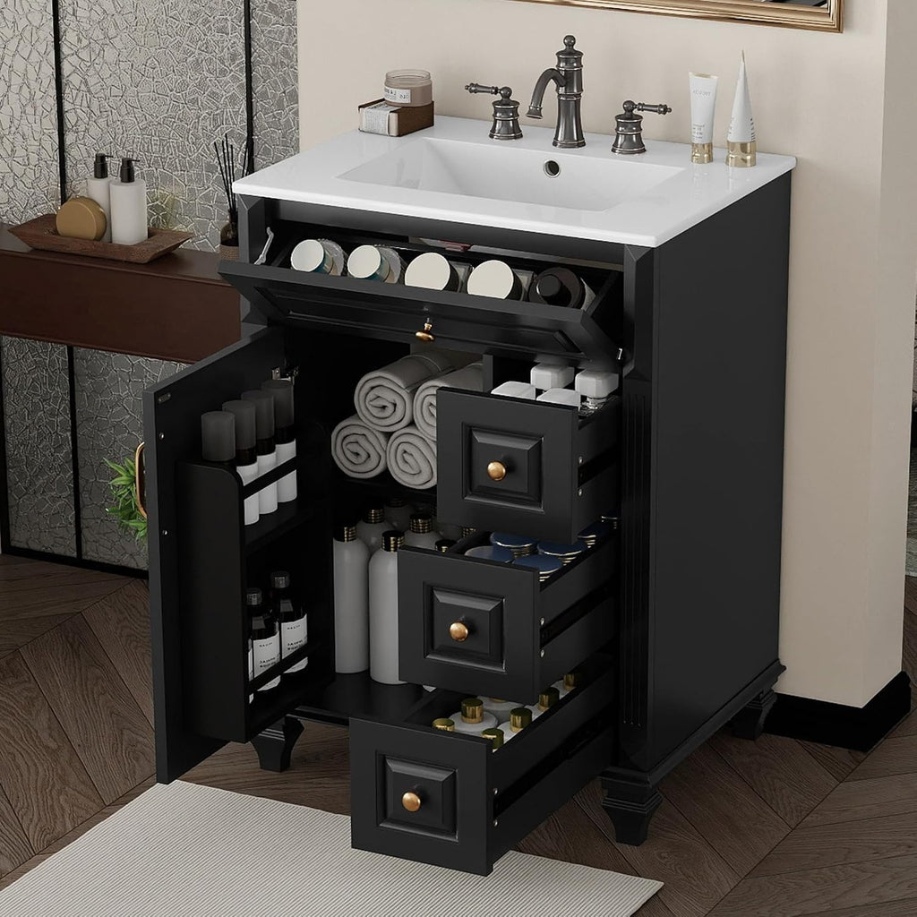 Harper & Bright Designs 24' Bathroom Vanity with Sink, Free Standing Vanity Set with Flip-Out Drawer, 3 Drawers & Storage Cabinet, Wood Bathroom Cabinet with Ceramic Basin for Bathroom, Black