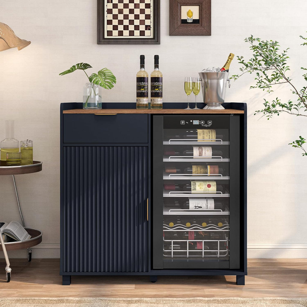 Coffee Bar Cabinet with Fridge Space&Fluted Door, Mini Fridge Cabinet with Wine Storage, Modern Sideboard Buffet Cabinet for Dining Room, Living Room, Kitchen, Blue