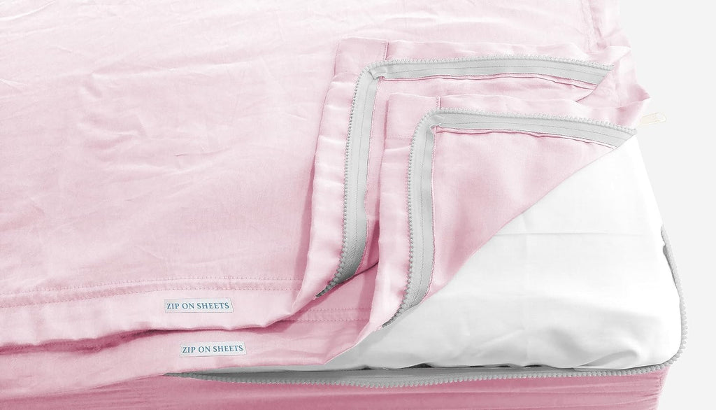 Zip On Sheets Queen Zipper Fitted Sheets 60X80 - Includes 2 Zip On Sheet & 1 Fitted Sheet Base - 8' to 16' Inch Deep Pocket Zipper Sheets - Faster & Easier Microfiber Queen Size - Baby Pink