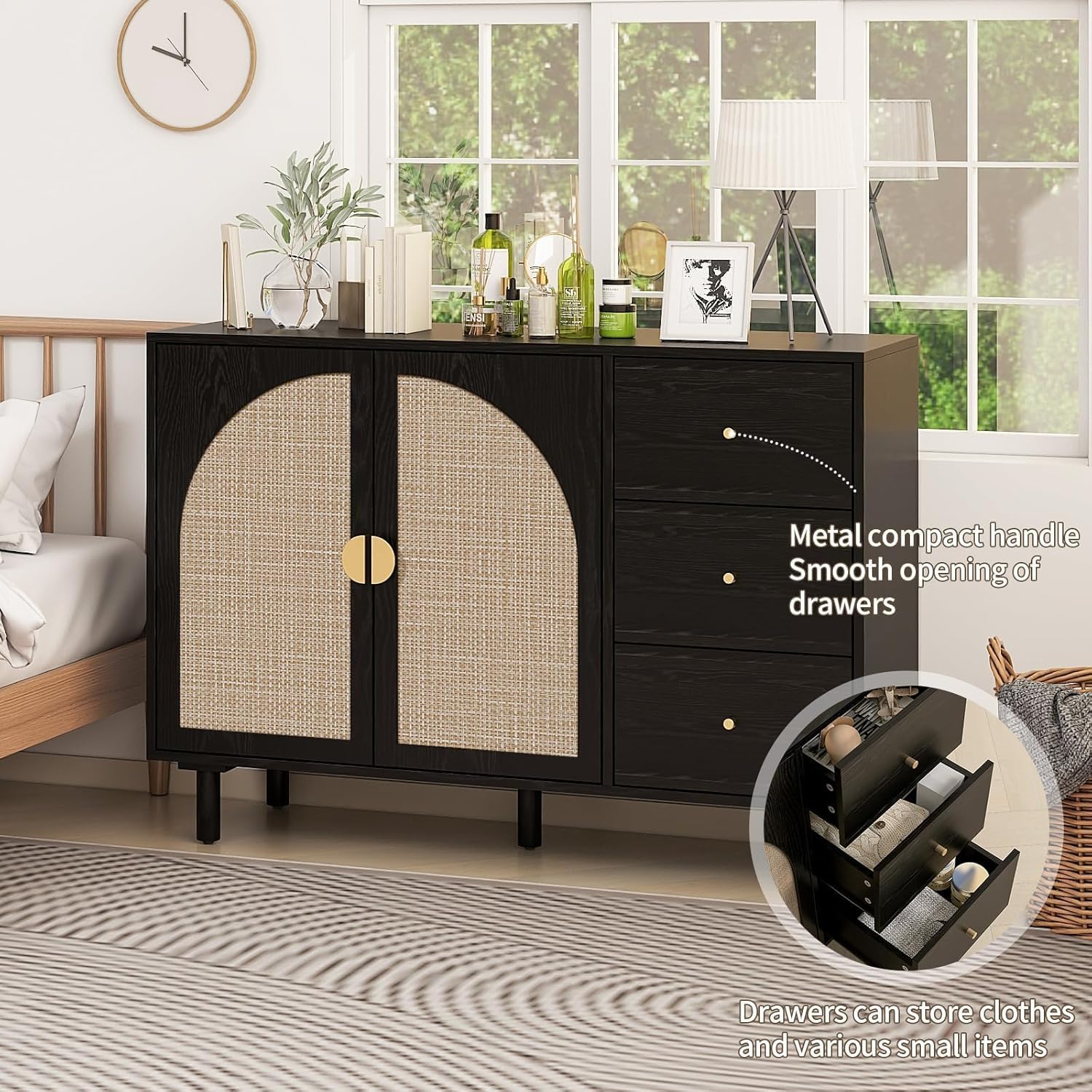 Black 44.8'' Modern Rattan Sideboard Buffet with 2 Door 3 Draw, Minimalist Cabinet for Living/Kitchen/Hallway Storage,Multi-Scene (TV Stand/Buffet), Boho/Scandinavian Style